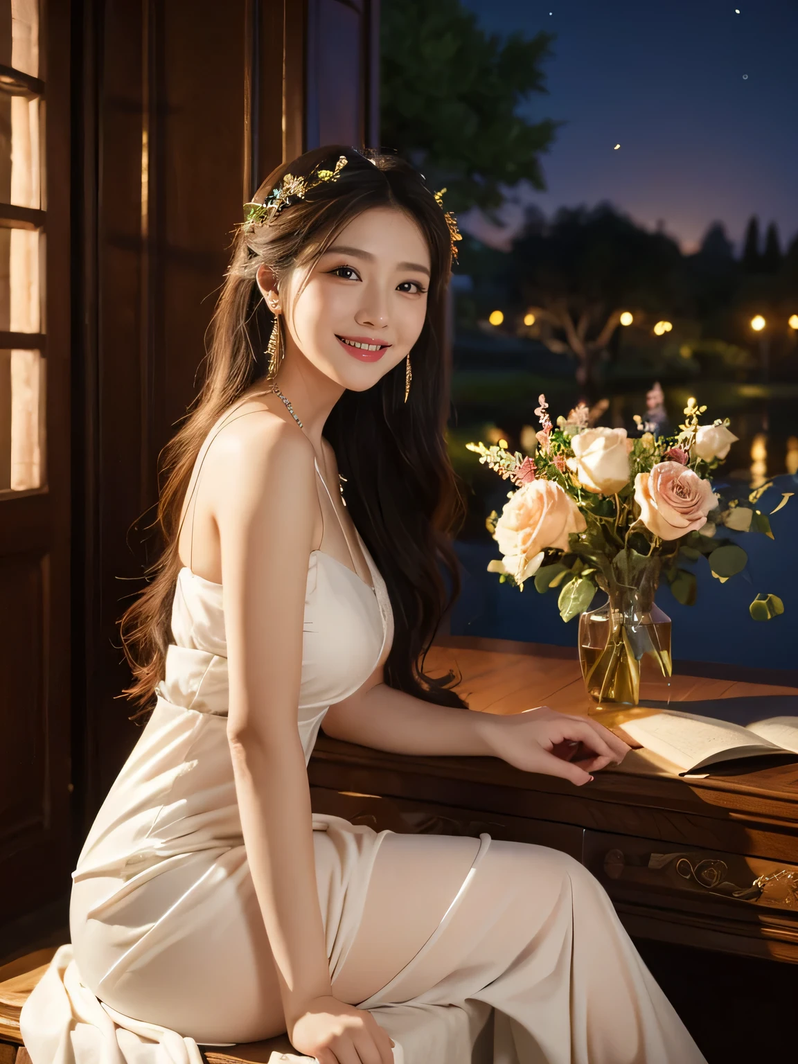 Giorgione painting style,Arguments of two female P、roses in vase、fruits、Cute trinkets、smile、ancient greek costume、Background is a forest lake at night 、Clothes that stretch your shoulders、A big smile、beautiful bare skin,Woman singing with sheet music