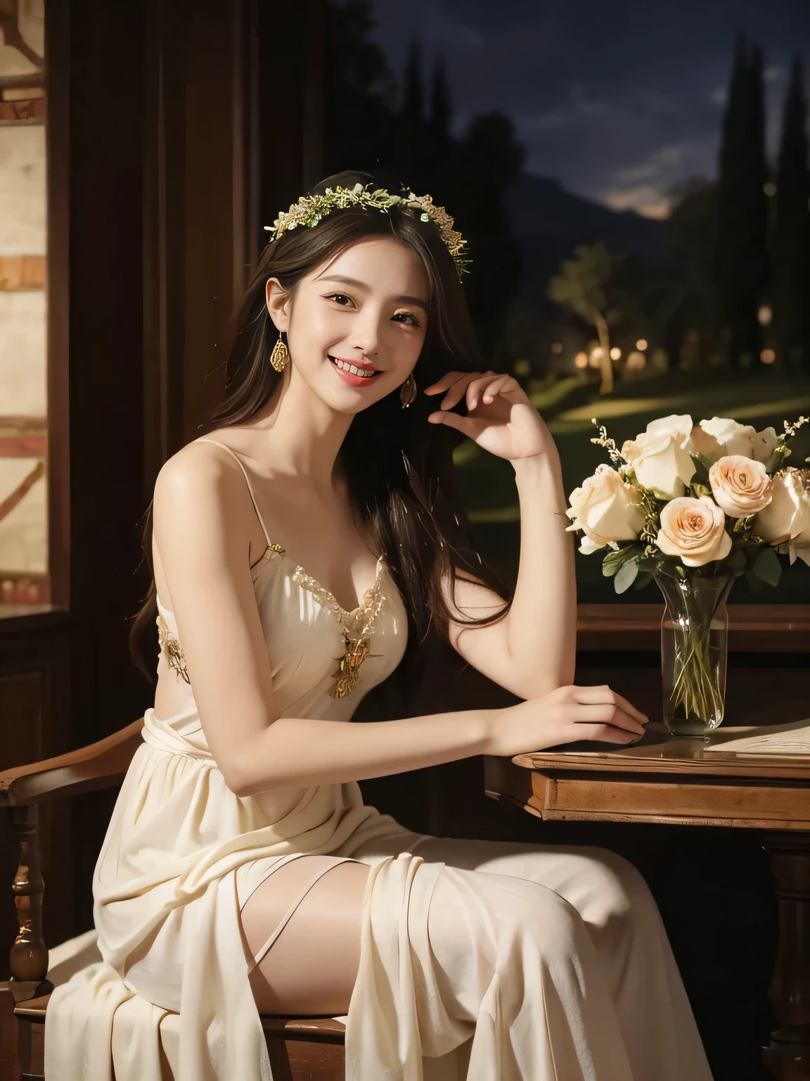 Giorgione painting style,Arguments of two female P、roses in vase、fruits、Cute trinkets、smile、ancient greek costume、Background is a forest lake at night 、Clothes that stretch your shoulders、A big smile、beautiful bare skin,Woman singing with sheet music