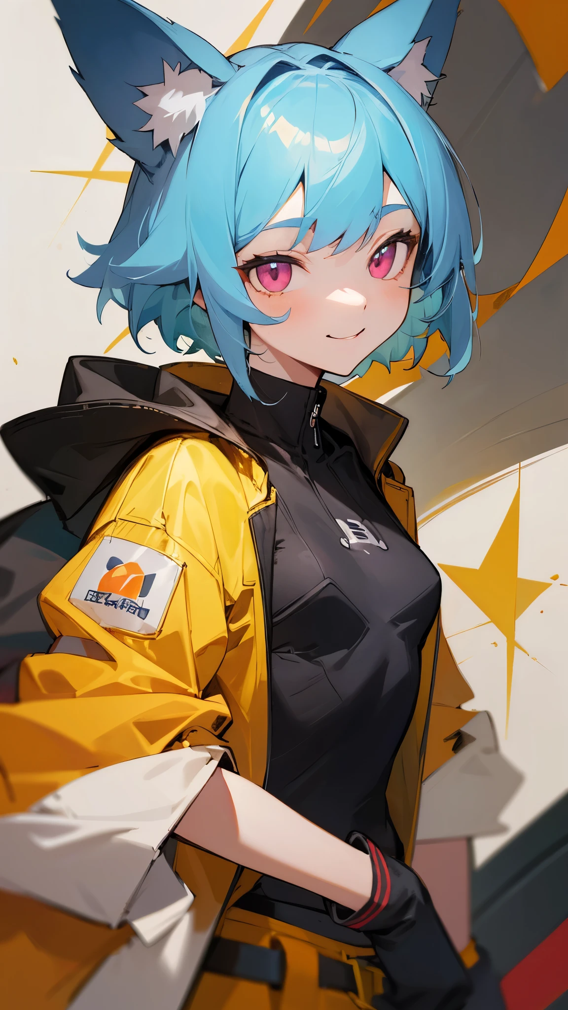 Portrait of one person、16 year old girl、riders jacket、casual style、small breasts、light blue hair、dog ears、pink eyes、smile, impression, (oil), Green and orange tones