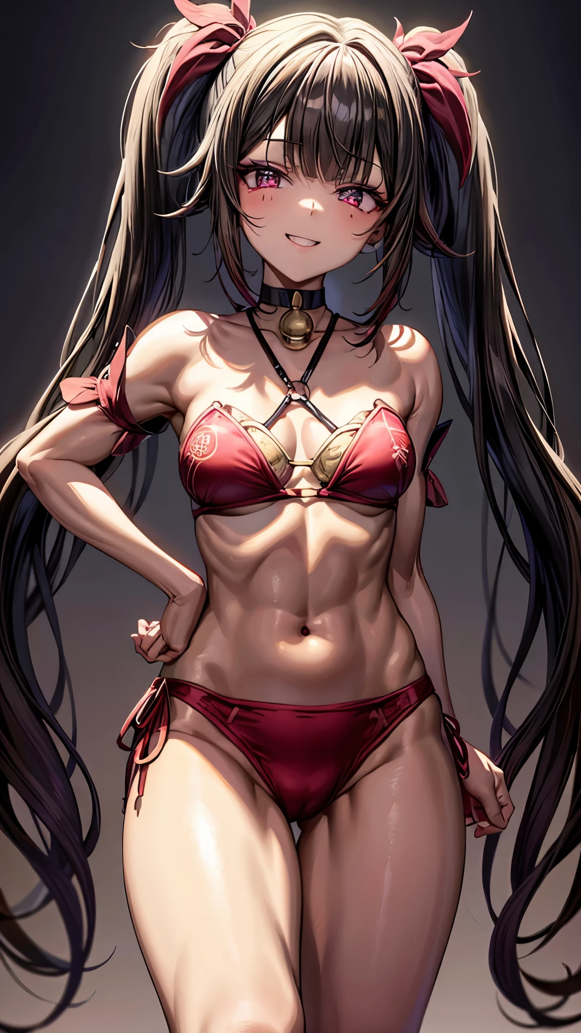 Face: Estilo de arte, Cor estilo anime: Predominantemente vermelho com contrastes de preto e branco, Cor dos olhos: vermelho carmesim brilhante, com reflexos luminosos. Cor do cabelo Preto com mechas vermelhas, Penteado: Longo com twintails, adornado com o tradicional enfeite de cabelo vermelho e dourado, (((mischievous and playful smile with a touch of mischief))), (kitsune mask), pernas musculosas, sadist , ((( no quarto do motel))), {{{mostrando a bunda grande para mim}}}, (((foto de corpo inteiro))), unhas bem cuidadas, unhas vermelhas, (((wearing a beautiful short and sexy bikini))) , NSFW, hdr, {Standing}