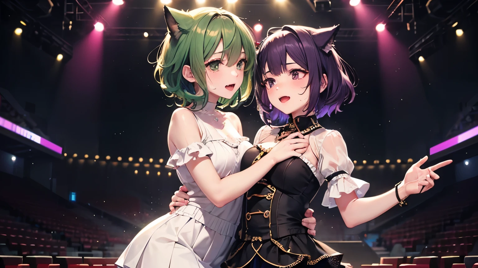 highest quality,wonderful,masterpiece,delicate,ultra high resolution,Super detailed,intricate details,beautiful,8K resolution,(Highly detailed CG Unity 8k wallpaper),sharp focus、2 people、A woman with dark green hair and a woman with purple hair、short hair、medium hair、vivid hair、Shaggy hair、messy hair、Cat ear、vivid skin、Glossy skin、 face、lolita、short、kawaii、beautiful瞳、sexy、Pleasure、happiness、thighs、sweaty、Sweat is dripping、Idol、Idol衣装、ruffle blouse、ruffle skirt、same clothes、lesbian、black skin、background stage、performance stage background、audience background