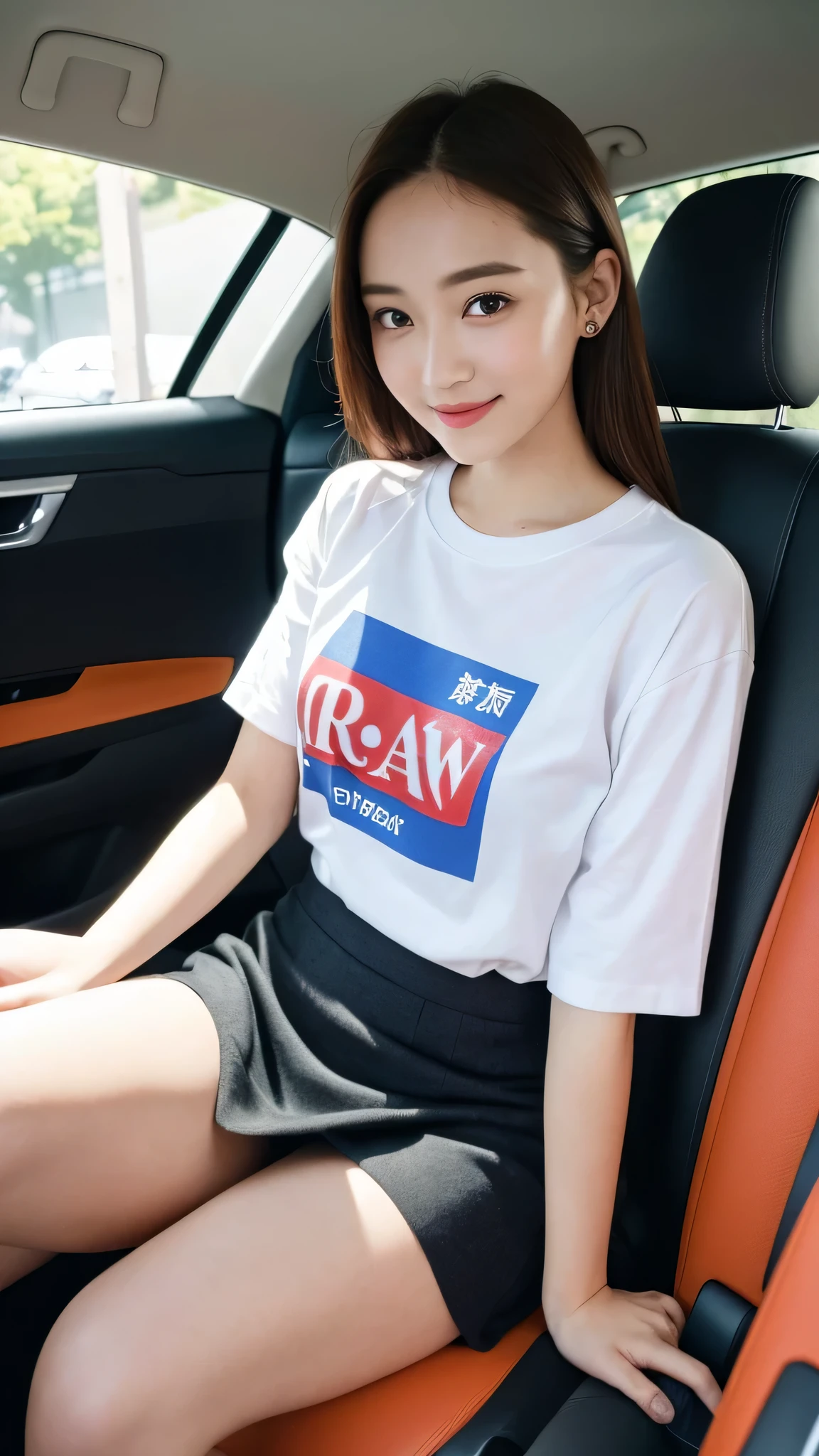 RAW photo, best image quality, 8k, genuine, genuine, super fine, super fineビューティー, professional writing, facial writing, written boundary depth, single focus, whole body, 25 year old female, small head, beautiful eyes, genuineな顔, genuineな肌, narrow eyes, (Fashionable hair:1. 3), Beautiful woman, cute face, fashionable girl, mini skirt, Campaign Girl、sheet、sitting、Inside the car、sit in the driver's seat's sheet、Behind the wheel of a car,Driving a car、smile、beautiful feet、thighs、