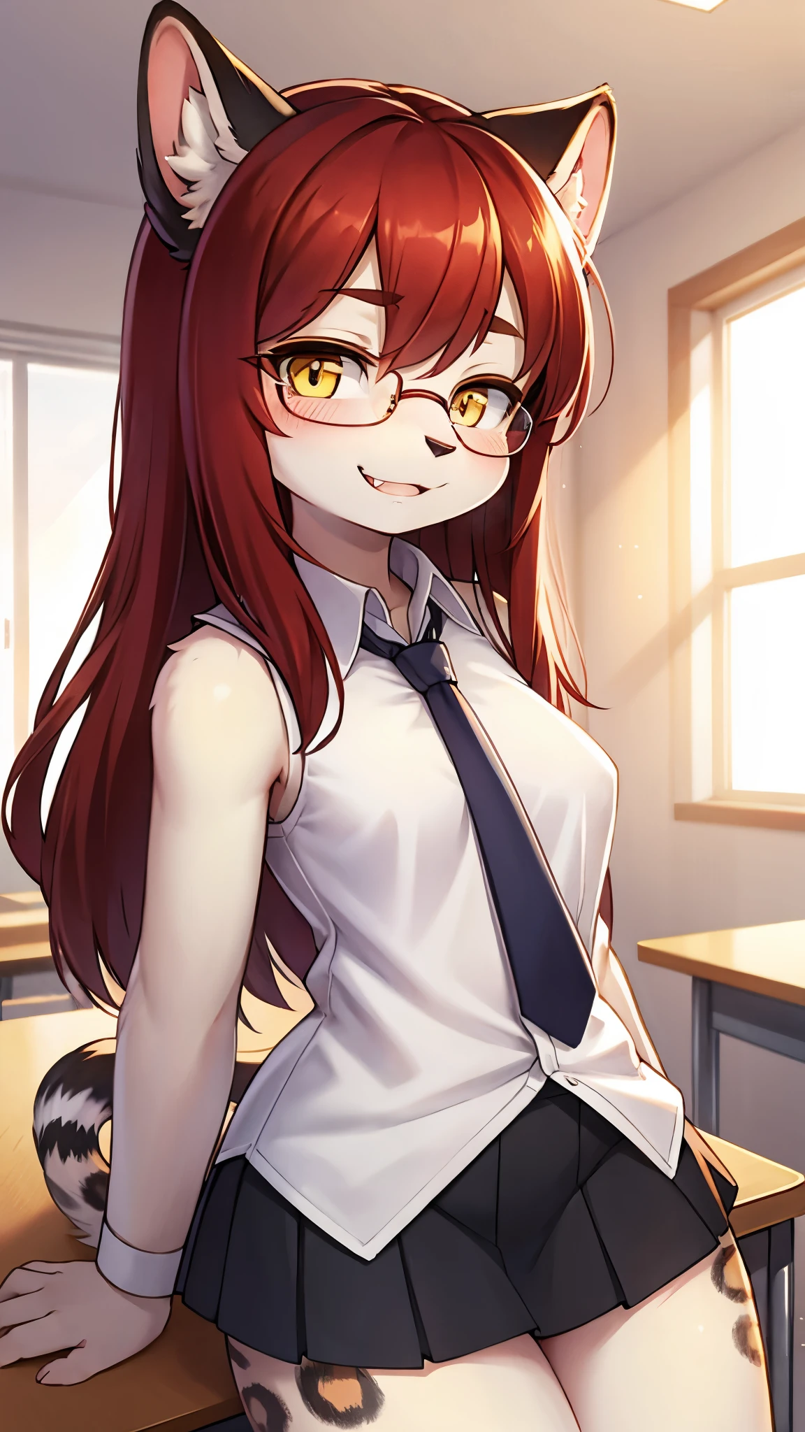 snow leopard girl,yellow eyes,red long hair,white leopard ears,white leopard tail,black leopard print,beige fur,white shirt,sleeveless,red necktie,dark blue mini skirt,glasses,classroom,morning,white sunlight,looking at viewer,desire face,smile,fangs,full face blush,hand at viewer,close up