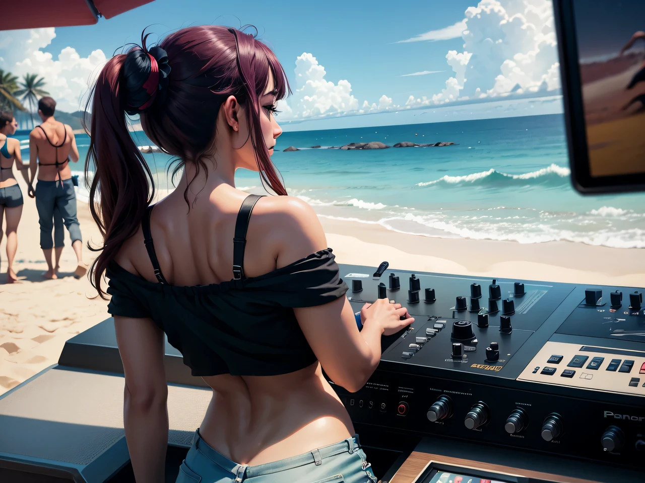 First-person view through the PIONEER XDJ-1000mk2 DJ console at a beach party on the seashore, part of the PIONEER XDJ-1000mk2 is visible in the foreground, in the background, young people in beachwear are dancing on the beach, in the background you can see the sea with the surf strip in the distance