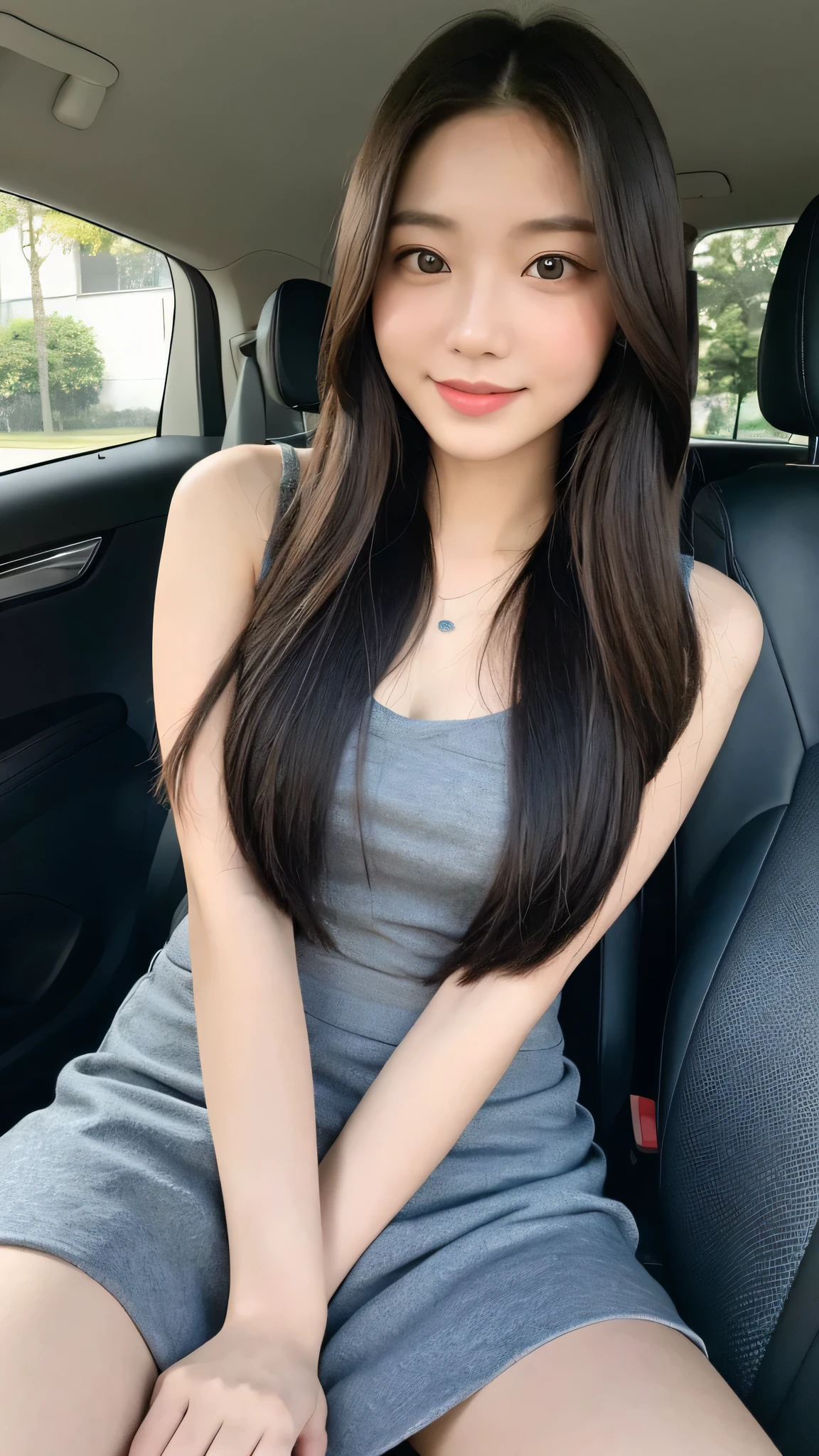 RAW photo, best image quality, 8k, genuine, genuine, super fine, super fineビューティー, professional writing, facial writing, written boundary depth, single focus, whole body, 25 year old female, small head, beautiful eyes, genuineな顔, genuineな肌, narrow eyes, (Fashionable hair:1. 3), Beautiful woman, cute face, fashionable girl, camisole&mini skirt, Campaign Girl、sheet、sitting、Inside the car、sit in the driver's seat's sheet、Behind the wheel of a car,Driving a car、smile、beautiful feet、thighs、