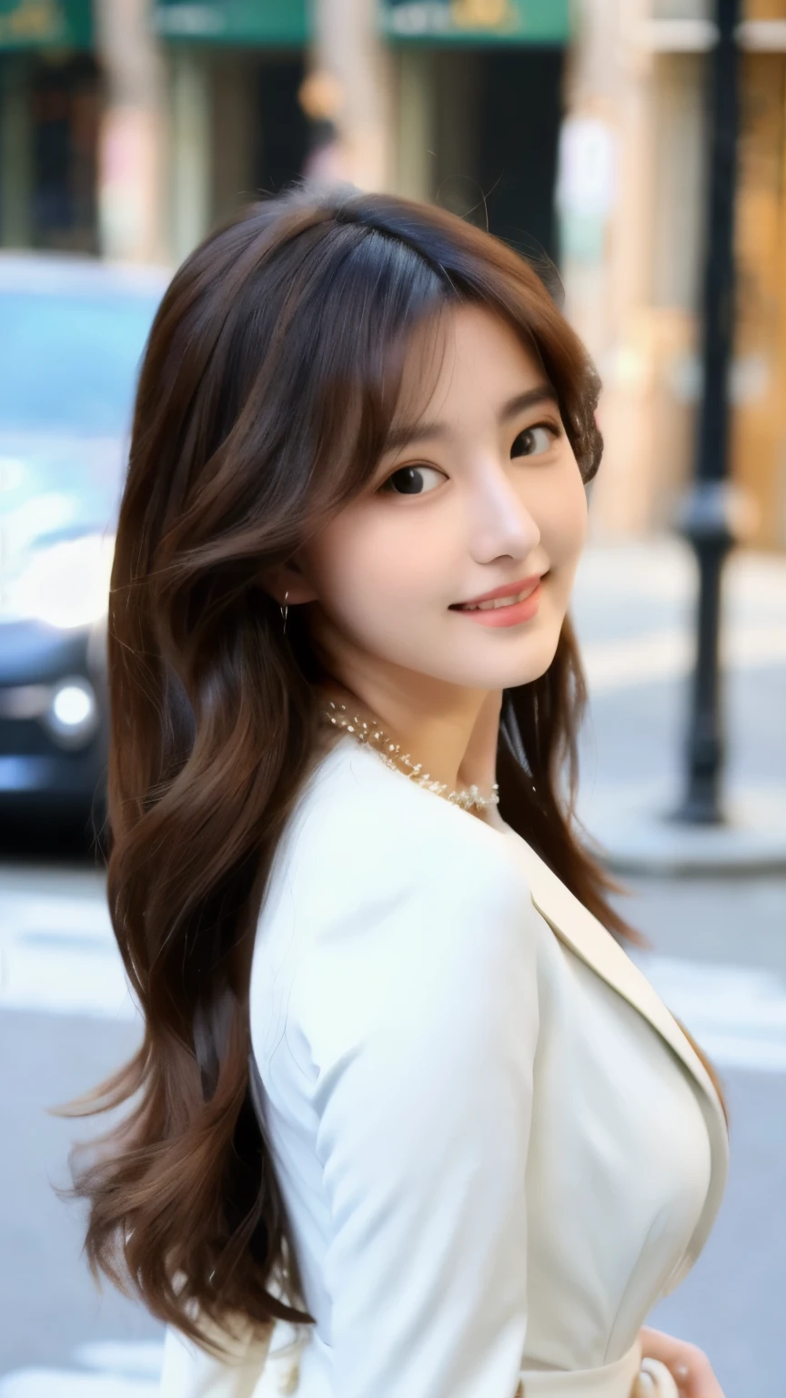 best quality, ultra-high resolution, real, photorealistic, 8K, BREAK, a Japanese woman, cute, young, full body, full body, BREAK, detailed hair, long and light brown hair, detailed eyes, detailed skin, white skin, blushing cheeks, detailed lips, smile, drunk, BREAK, detailed clothings, jacket, a necklace, BREAK, (detailed background, detailed car, a sports car in the back:1.5, in a street), natural lighting
