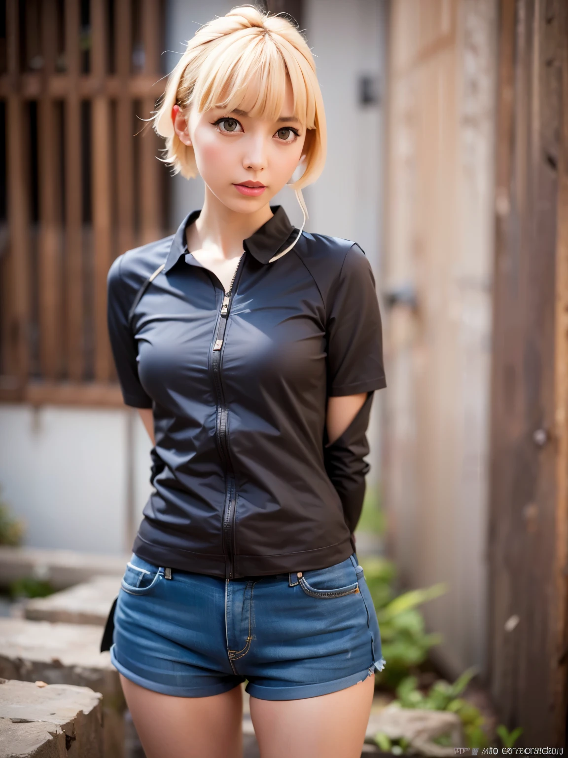 seifuku cosplay,seifuku cosplayershort hair,arms behind,Front body, front, slender body,Are standing ,(8k, RAW photo, highest quality, masterpiece:1.2), (realistic, photo-realistic:1.37), Super detailed,(detailed beautiful girl:1.4),1 girl, full body shot, 