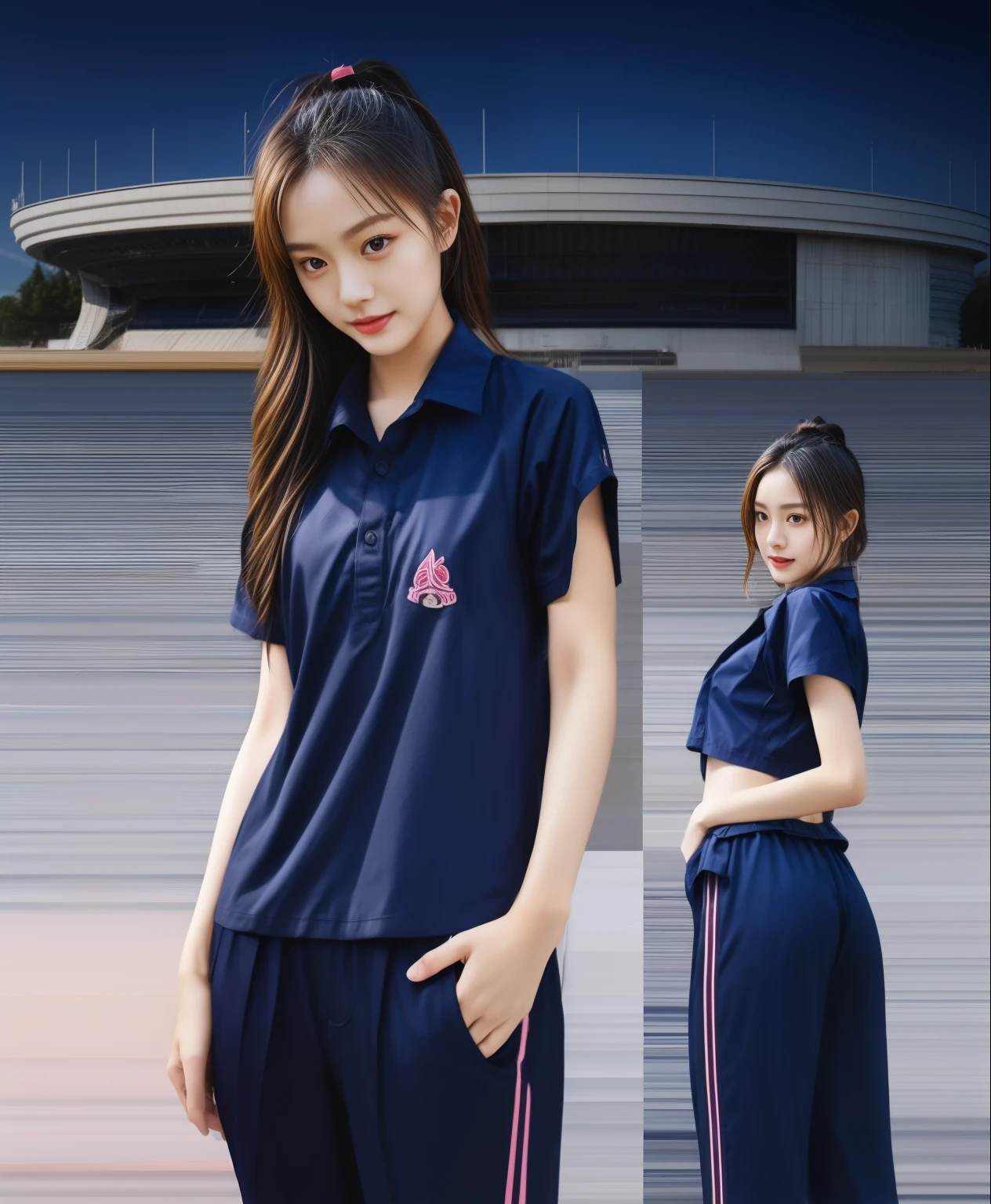 (best quality,10,10,height,Masterpiece:1.2),Special details,(realistic,ภาพrealistic,Realistic photos:1.37),1 cute girl on the football field,shiny, ผิวshiny,only,smile softly,BDclothelue shirt:1.3)),short sleeve,shirt, กางเกงขาlong.,(navy_long_track pants:1.1), ((stadium background:1.3)),Dynamic angle,excited,Face focus,dynamic poses,from behind,focus on ass,Masterpiece, best quality, ultra realistic, hyper-detail, 8K resolution, raw photos, Sharp focus, ((Navy blue shirt:1.1)), short sleeve, เส้นทางlong, perfect body, 2 mature women, 18 years old, Cinema-grade lighting system,blue sweatpants,shirtผ้าออกกำลังกาย,correct anatomy,perfect body, correct body, Sharp face, correct bodyทางกายวิภาค, full body, realistic gestures, long-haired, realistic poses,Wear long shorts................................,ช่วงขาlong,Good shape,carved girl, Slender figure, model, Good shape, beautiful body,blue sweatpants, two girls kissing