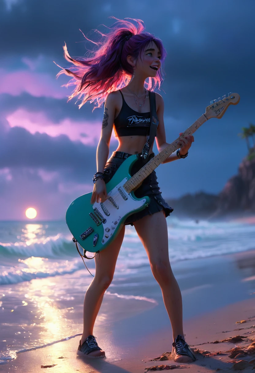 pixar art, punk clothes girl On the beach, electric guitar, neon lights, waves, cheering and enthusiastic onlookers, anime realism, aesthetic, (best quality, masterpiece, Representative work, official art, Professional, 8k, Ultra intricate detailed:1.3)