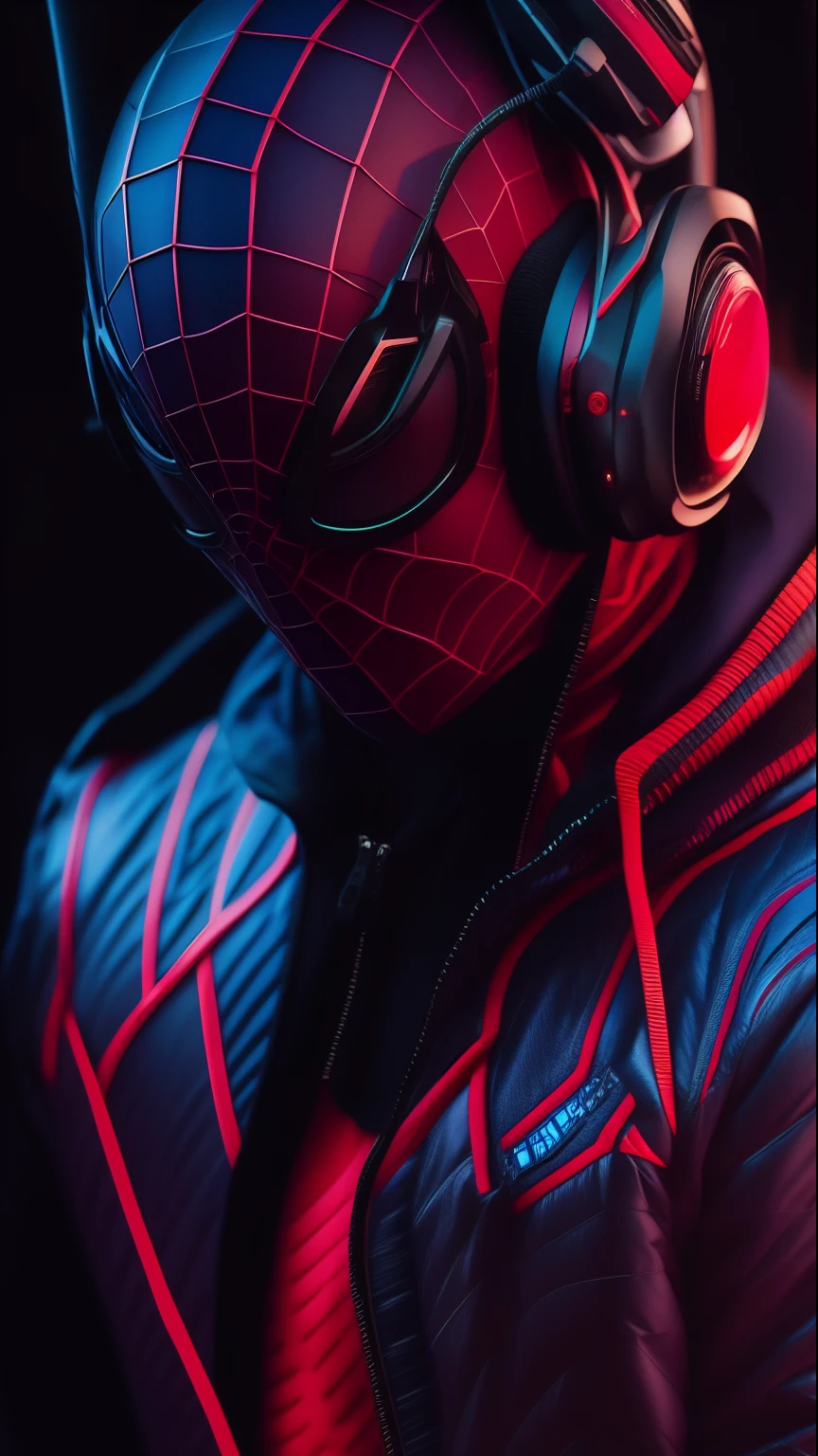 a close up of a person wearing headphones and a jacket, futuristic style spiderman, miles morales!!!, miles morales, portrait of spiderman, hq 4k phone wallpaper, spiderman as terminator, cinematic 4 k wallpaper, cinematic 4k wallpaper, hq 4k wallpaper, cyber style, spiderman as electro, cyberpunk techwear, style of cyberpunk, wallpaper 4k, wallpaper 4 k