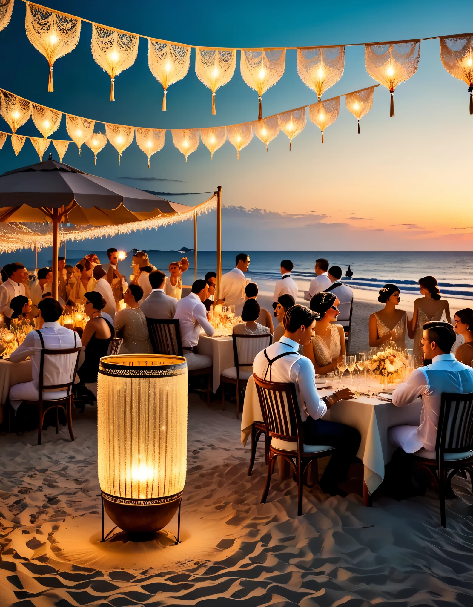 Vintage photography style, art deco style，best quality,8k,high resolution,super detailed，super clear,creative style artwork,classical,， （ Many fashionable boys and girls partying on the beach），（Warm and lively  atmosphere），wine glass，High-end wineware，crazy playing，many musical instruments，Bunting，fireworks，Under the hot summer dusk，A wide stretch of sandy beach is covered in soft golden afterglow，Just like Fitzgerald&#39;s《the great Gatsby》The world full of dreams and disillusionment depicted in。The waves lap gently on the shore，Inspired by《the great Gatsby》，The atmosphere of the 1920s, Delicate texture，smooth visible velvet，Wear pearl jewelry，Advanced custom lace clothing，（Stacking accessories），（Dressed in 1920s fashion, 1920s hairstyles, 1 9 2 0 s style, 1 9 2 0 clothes, 1 9 2 0 s fabric style,
Warming up 
