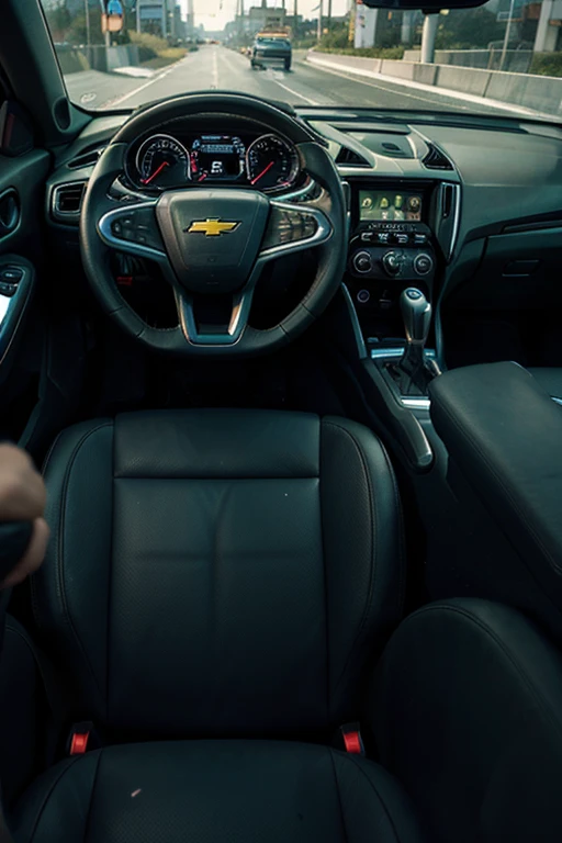 Cyberpunk style Chevrolet car driving on the highway without driving