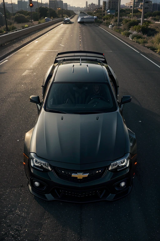 Cyberpunk style Chevrolet car driving on the highway without driving