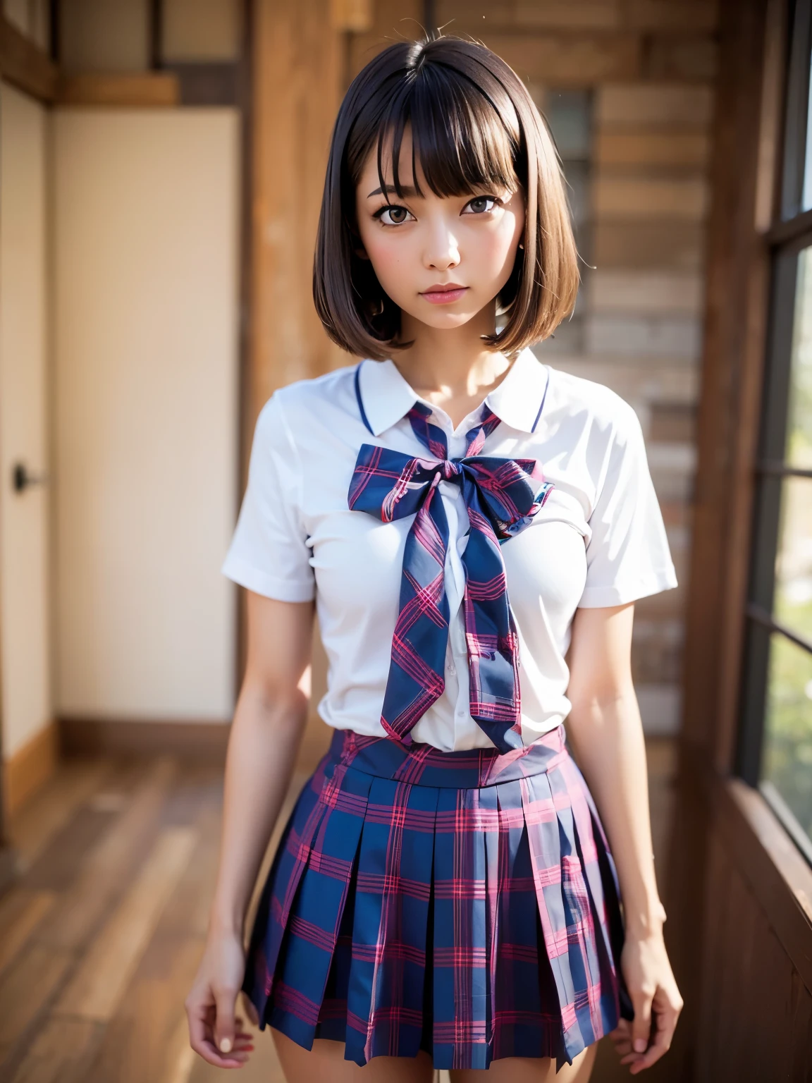 seifuku cosplay,seifuku cosplayershort hair,arms behind,Front body, front, slender body,Are standing ,(8k, RAW photo, highest quality, masterpiece:1.2), (realistic, photo-realistic:1.37), Super detailed,(detailed beautiful girl:1.4),1 girl, full body shot, 