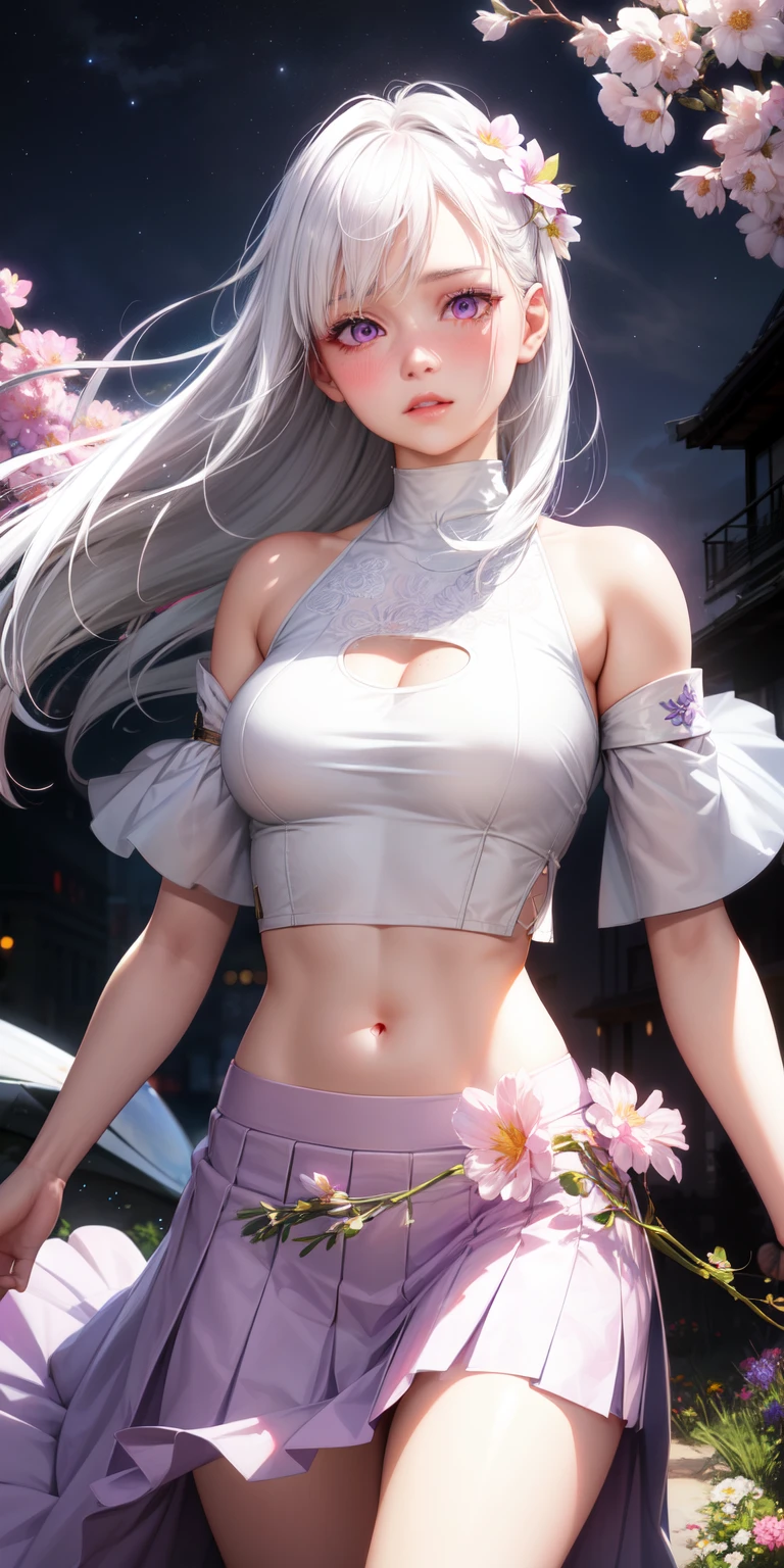 realistic, 1girl, white hair, purple eyes, glowing eyes, crop top, skirt, parted lips, blush, night, flowers, sun, sunlight,