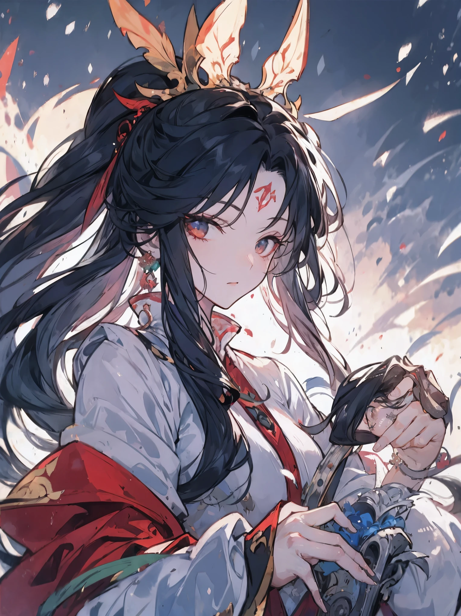 (extremely detailed 8K wallpaper),(ultra-detailed),(best quality),(masterpiece),(highly detailed),(cinematic lighting),(Original),Cold ligh,moody,(Chinese elaborate-style painting ),ink style,32K depth of field,1girl,solo,((busts)),((red marks on forehead)),(((villain image))),(snow)