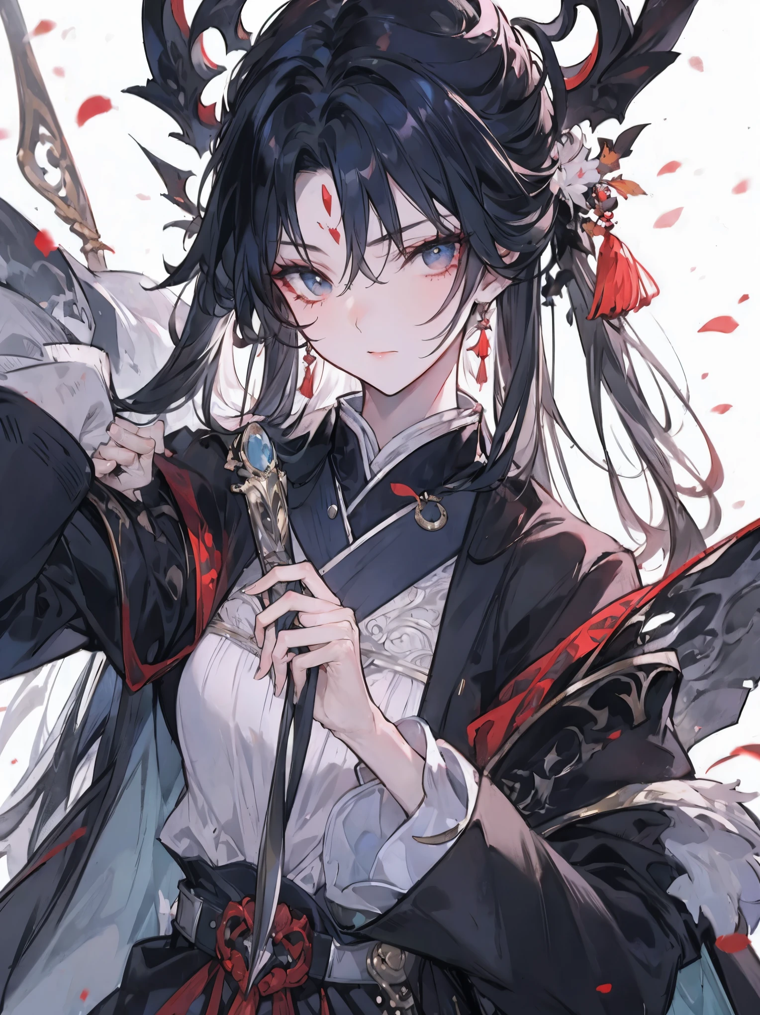 (extremely detailed 8K wallpaper),(ultra-detailed),(best quality),(masterpiece),(highly detailed),(cinematic lighting),(Original),Cold ligh,moody,(Chinese elaborate-style painting ),ink style,32K depth of field,1girl,solo,((busts)),((red marks on forehead)),(((villain image))),(snow)