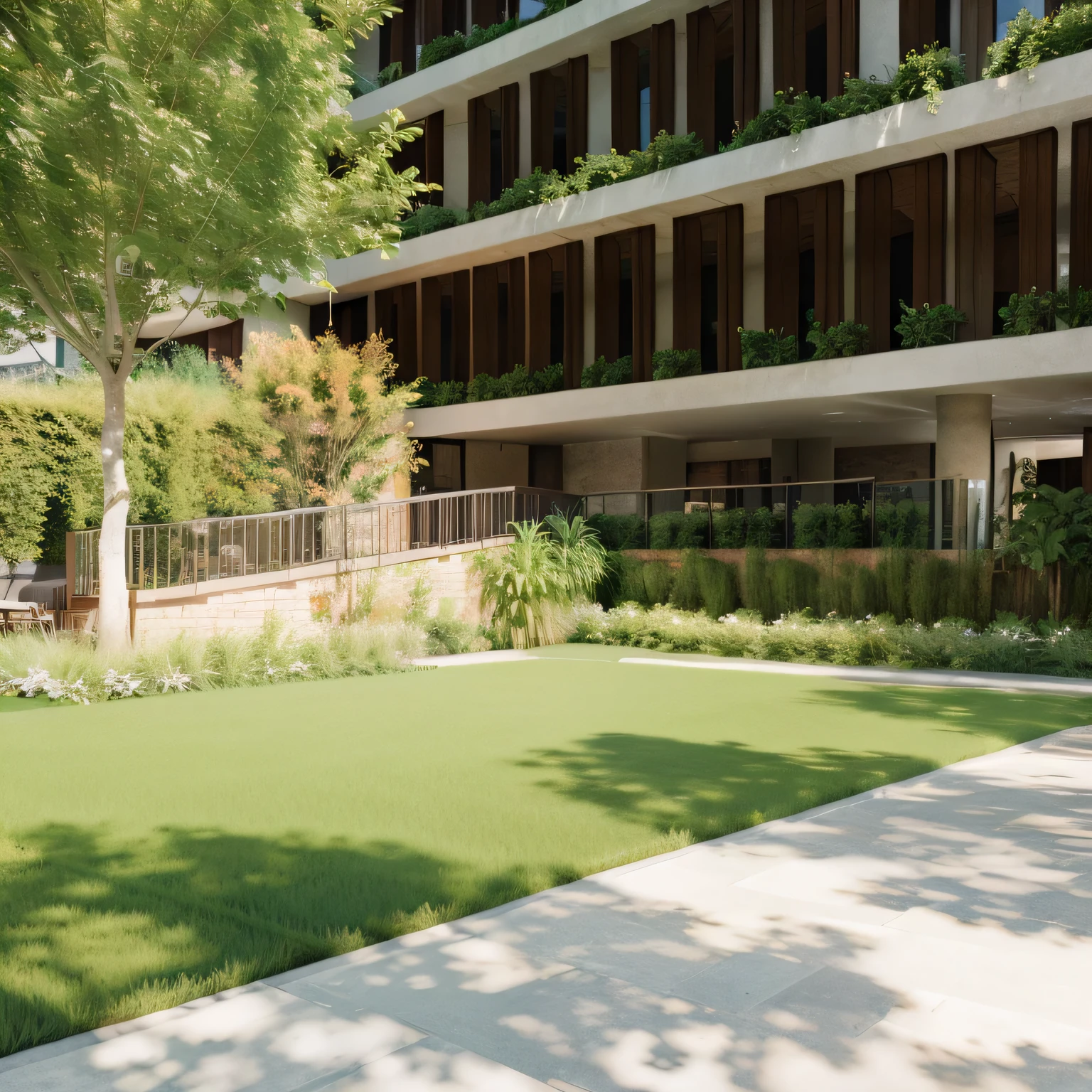 rendering of a courtyard with a walkway and a tree in the foreground, green terrace, architectural rendering, low angle dimetric rendering, detailed rendering, architectural visualization, architectural 3D rendering, artistic print, ambiente exuberante, exuberante ambiente de jardim, architectural renderinging, architectural rendering, green spaces, vibrant greenery outside, high quality rendering, realistic physics rendering, tiro de estabelecimento realista