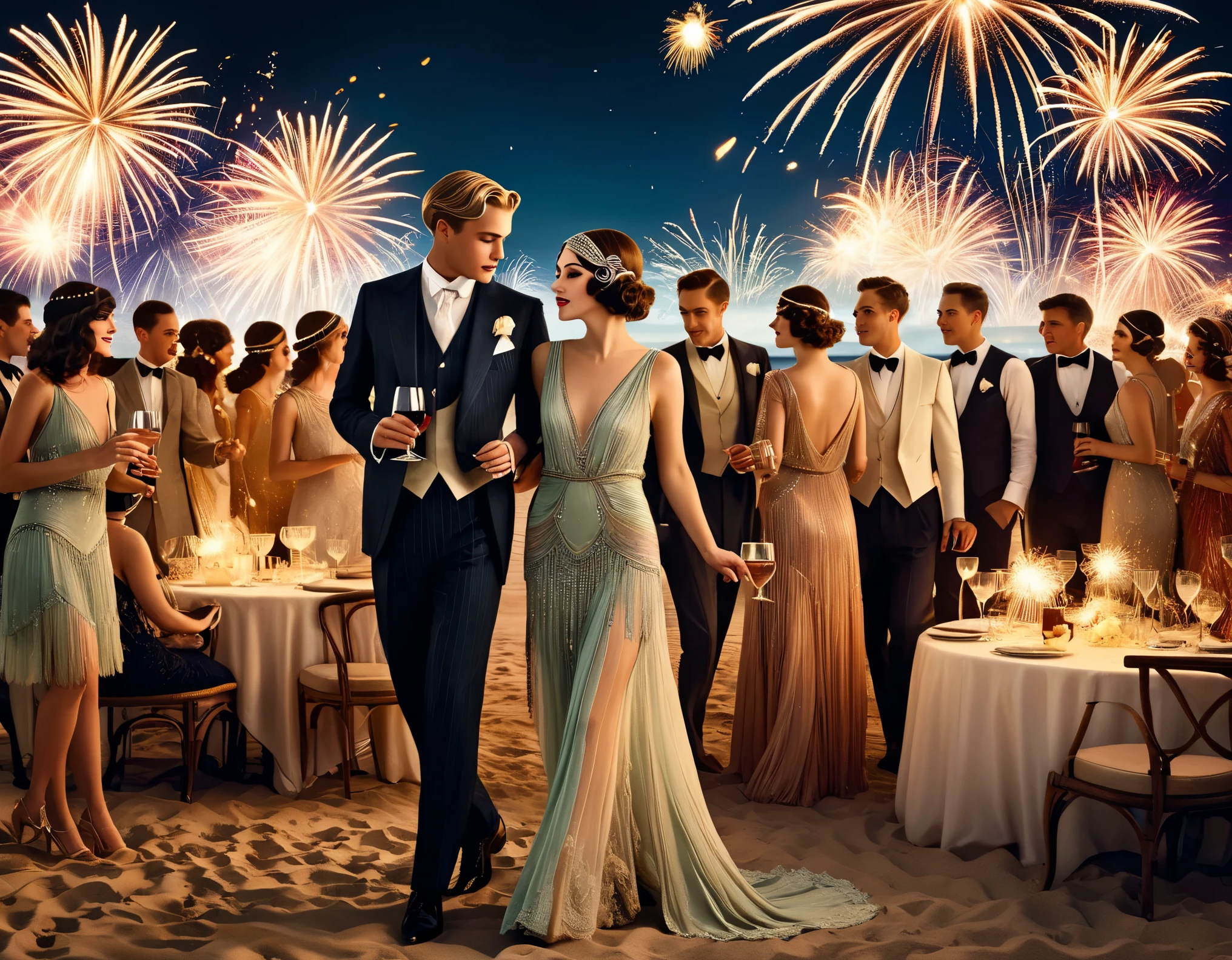 Vintage photography style, art deco style,best quality,8k,high resolution,super detailed,super clear,creative style artwork,classical,,
( Many fashionable boys and girls partying on the beach),(Warm and lively atmosphere),wine glass,High-end wineware,crazy playing,many musical instruments,Bunting,fireworks,Inspired by《the great Gatsby》,The atmosphere of the 1920s, Delicate texture,smooth visible velvet,Wear pearl jewelry,Advanced custom lace clothing,(Stacking accessories),(Dressed in 1920s fashion, 1920s hairstyles, 1 9 2 0 s style, 1 9 2 0 clothes, 1 9 2 0 s fabric style,
