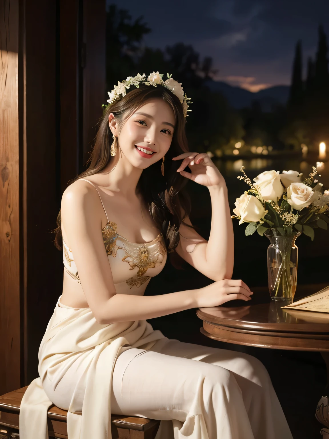 Female singer holding sheet music in both hands,Giorgione painting style,roses in vase、fruits、Cute trinkets、smile、ancient greek costume、Background is a forest lake at night 、Clothes that stretch your shoulders、A big smile、beautiful bare skin,
