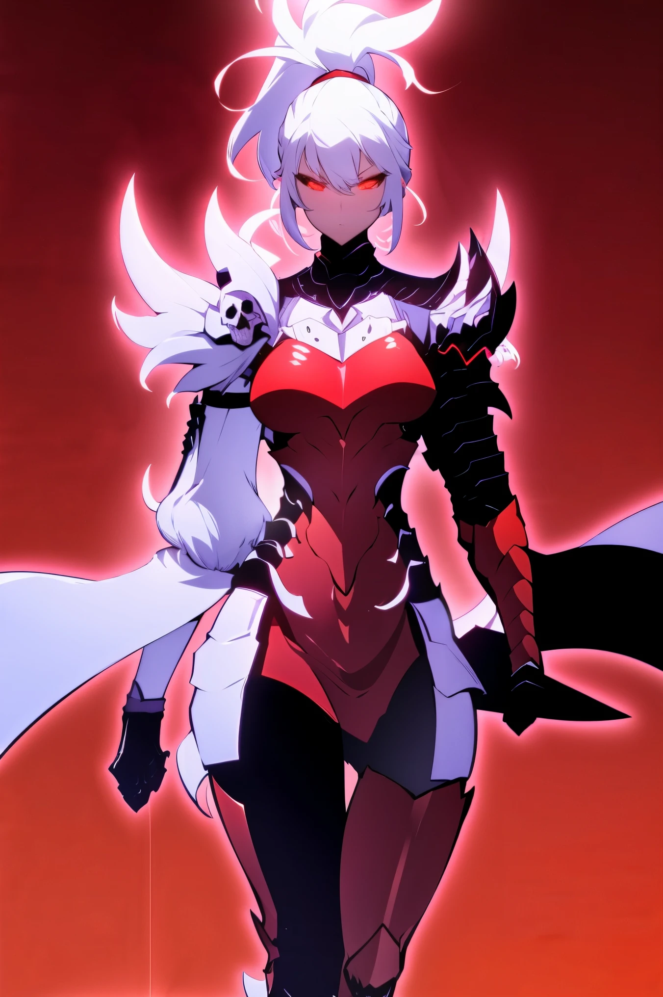 darkskin woman fantasy clothes, white short hair in a ponytail, red eyes, black Armor, skull-shaped shoulder pad, skull Knee Pads, aura (red), angry, perfect Anatomy, intricate pencil sketch, expressive eyes and nose and mouth, un-zoom, highly detailed, white background