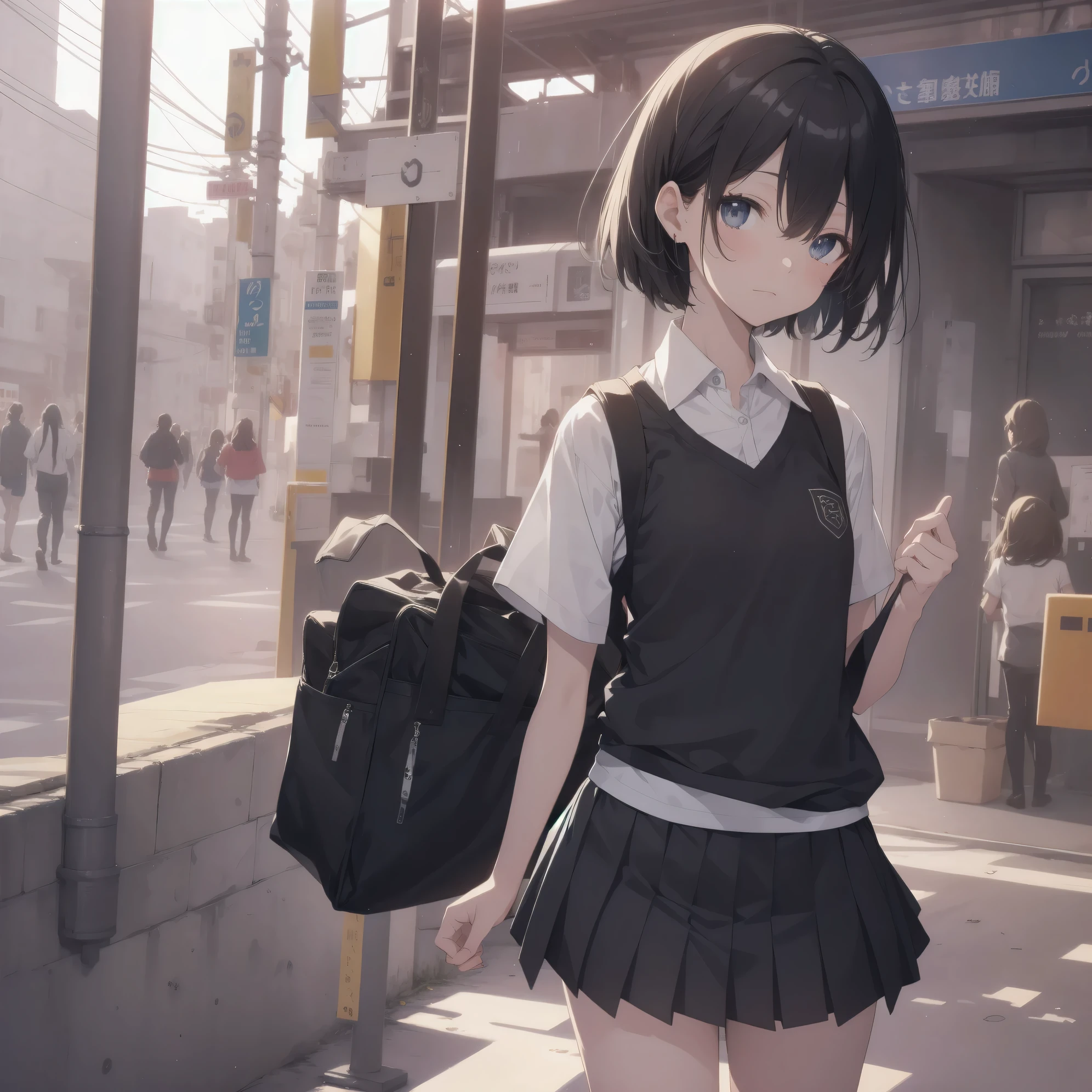 Super absurd quality by the god of art, super detailed, High resolution, anime moe art style, Best Anime 8K Kona-chan Wallpaper, pixiv contest winner, perfect anatomy, break,(眠そうにalone学校へ行く女の子を描いてください. )break,1 girl, (alone,little woman, baby face, :1.3),All limbs, full finger,, The charm of an immature body, (very_short hair), Bang, flat chest, small ass, between legs, small black eyes, detailed and beautiful eyes, Well-proportioned iris and pupils, expressive eyes, sleepy eyes, High resolutionの詳細な髪, neck ribbon, shirt, collared shirt, skirt, pleated skirt, school uniform, school bag,(detailed lighting), (detailed background), On the way to school. break,super dense skin, Best cinematic lighting powered by famous artist, 8k,collaboration illustration,cute illustration,photoshop_(Moderate),Absurd Hi-Res,Hmm,rough skin,break,((artist:ningen_blister)),artist:Digit, artist:kureta_(smiling),