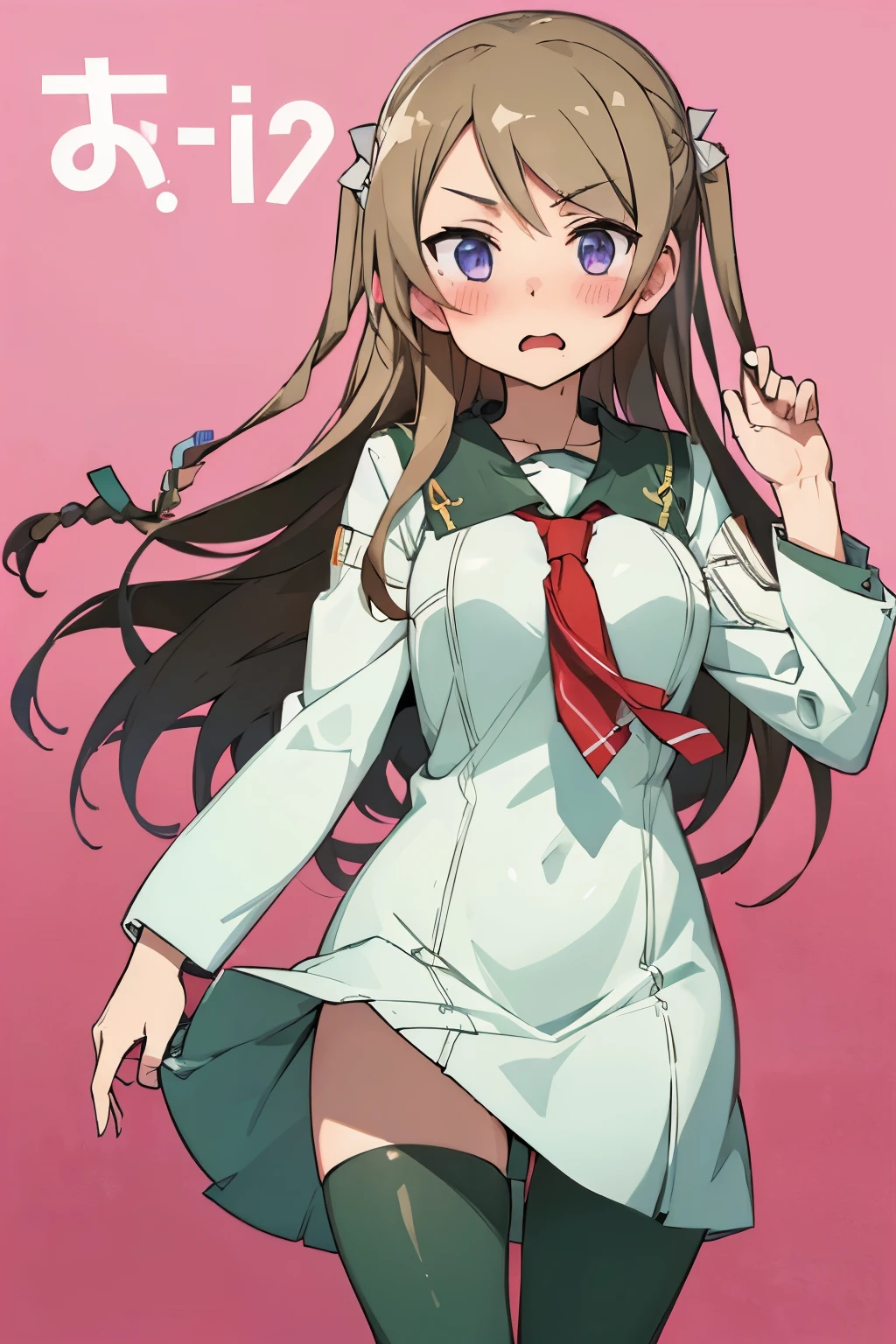 1girl, solo, purple eyes, green pantyhose, long hair, twin braids, braid, sailor dress, school uniform, brown hair, necktie, white dress, hair ornament, surprised, blush, panties, panty peek, looking at viewer,
