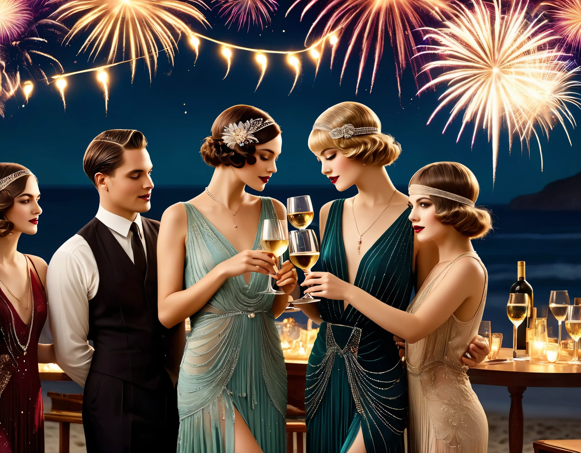 Vintage photography style, art deco style,best quality,8k,high resolution,super detailed,super clear,creative style artwork,classical,,
( Many fashionable boys and girls partying on the beach),(Warm and lively atmosphere),wine glass,High-end wineware,crazy playing,many musical instruments,Bunting,fireworks,Inspired by《the great Gatsby》,The atmosphere of the 1920s, Delicate texture,smooth visible velvet,Wear pearl jewelry,Advanced custom lace clothing,(Stacking accessories),(Dressed in 1920s fashion, 1920s hairstyles, 1 9 2 0 s style, 1 9 2 0 clothes, 1 9 2 0 s fabric style,