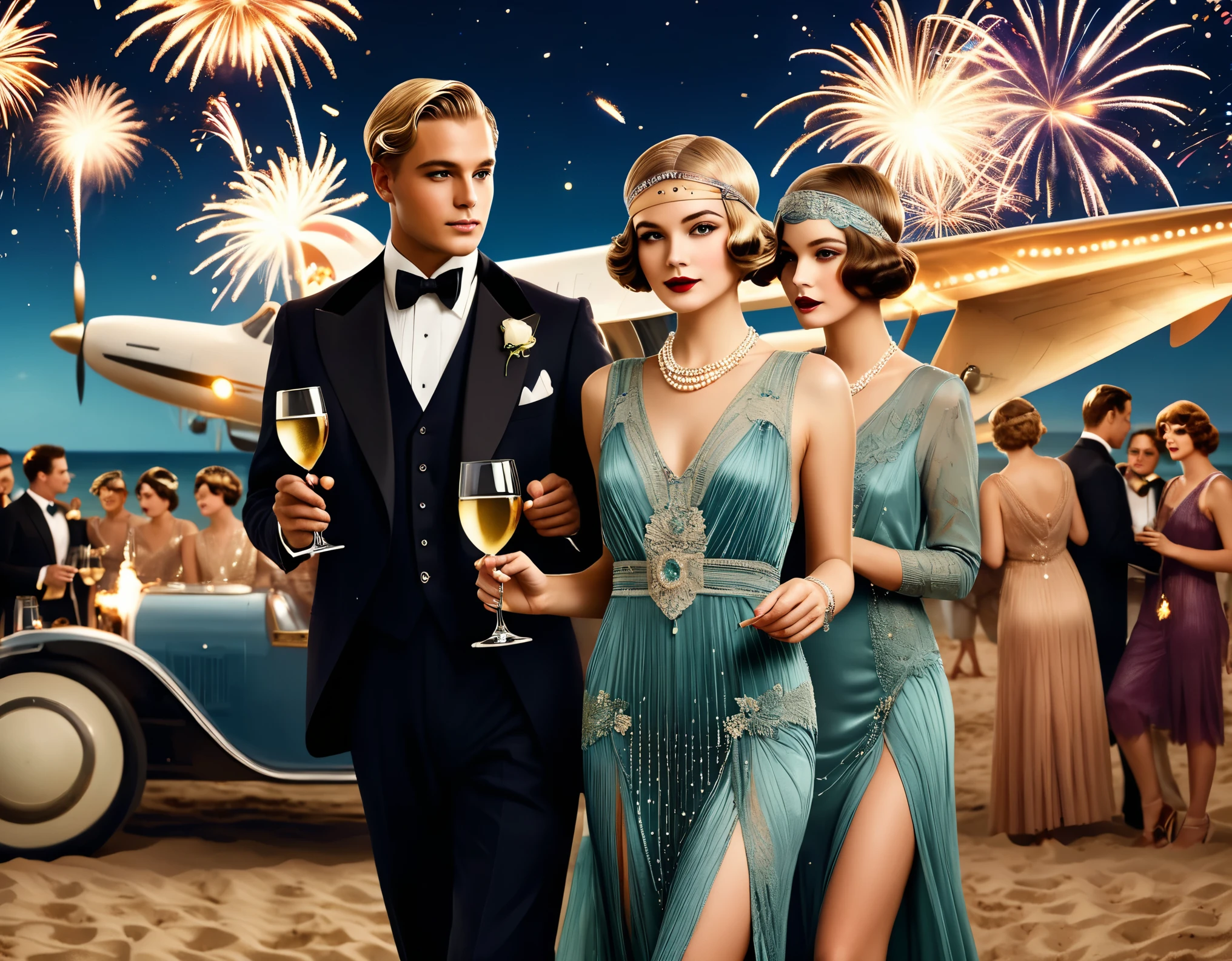 Vintage photography style, art deco style，best quality,8k,high resolution,super detailed，super clear,creative style artwork,classical,，
（ Many fashionable boys and girls partying on the beach），（Warm and lively  atmosphere），wine glass，High-end wineware，crazy playing，airplane，Drum set，many musical instruments，Bunting，fireworks，Inspired by《the great Gatsby》，The atmosphere of the 1920s,  Delicate texture，smooth visible velvet，Wear pearl jewelry，Advanced custom lace clothing，（Stacking accessories），（Dressed in 1920s fashion, 1920s hairstyles, 1 9 2 0 s style, 1 9 2 0 clothes, 1 9 2 0 s fabric style,