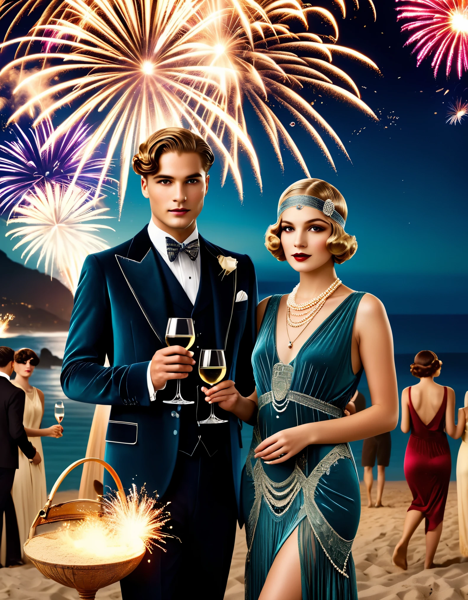 Vintage photography style, art deco style，best quality,8k,high resolution,super detailed，super clear,creative style artwork,classical,， （ Many fashionable boys and girls partying on the beach），（Warm and lively  atmosphere），wine glass，High-end wineware，crazy playing，many musical instruments，Bunting，fireworks，Inspired by《the great Gatsby》，The atmosphere of the 1920s, Delicate texture，smooth visible velvet，Wear pearl jewelry，Advanced custom lace clothing，（Stacking accessories），（Dressed in 1920s fashion, 1920s hairstyles, 1 9 2 0 s style, 1 9 2 0 clothes, 1 9 2 0 s fabric style,
Warming up 
