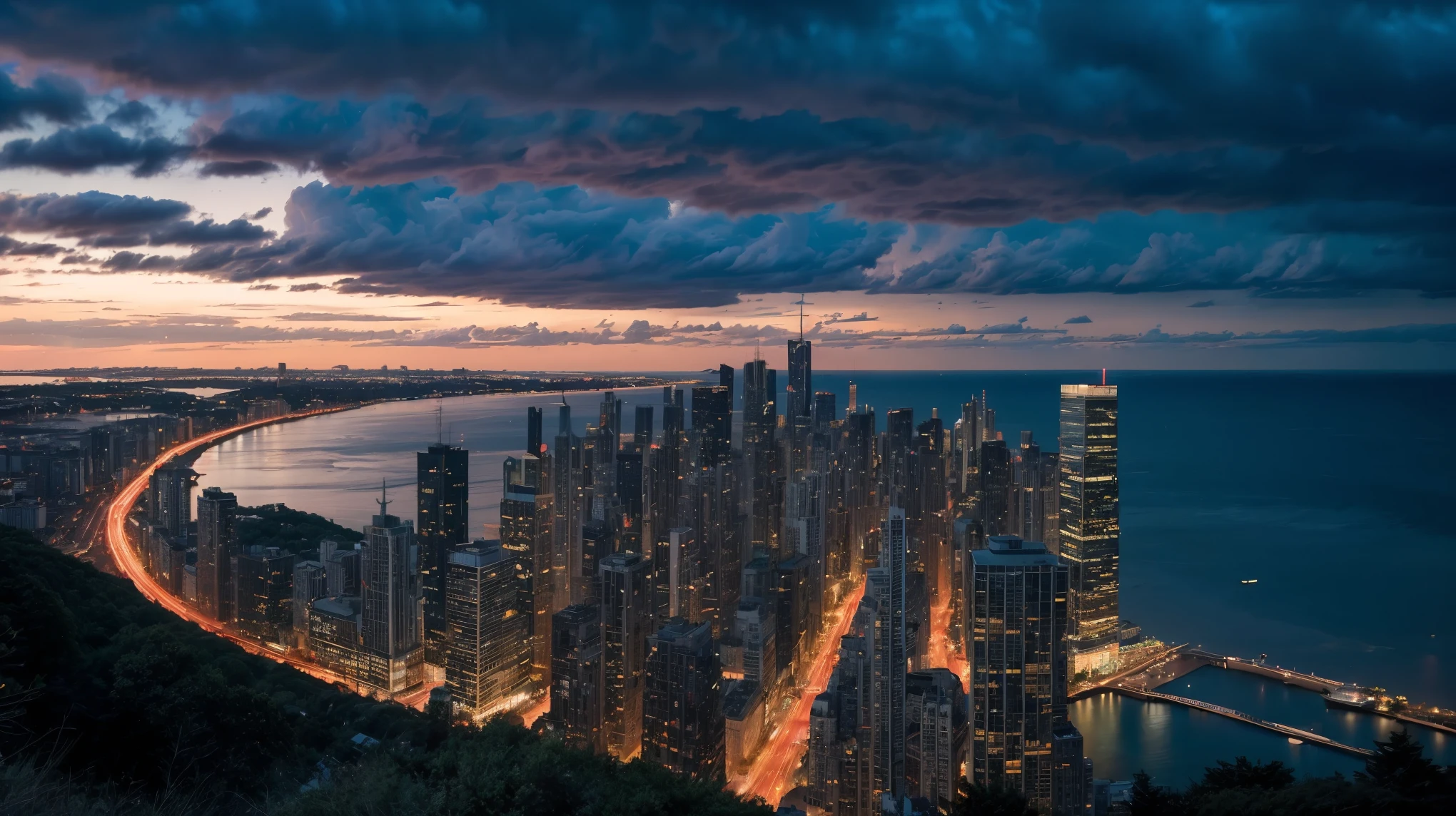 ulzzang-6500-v1.1, (RAW photo:1.2), (Photoreal), (genuine:1.4), (muste piece), (Night view of Second City skyscrapers with Lake Michigan in the background)、1 Japanese girl, warframe, complicated pattern, heavy metal, energy line, faceless, shining eyes, elegant, intense, blood red and black uniform, alone, modern, city, street, dark clouds, thunderstorm, heavy rain,, dramatic lighting,, (masterpiece:1.2), highest quality, High resolution,   beautiful, very detailed, perfect lighting,