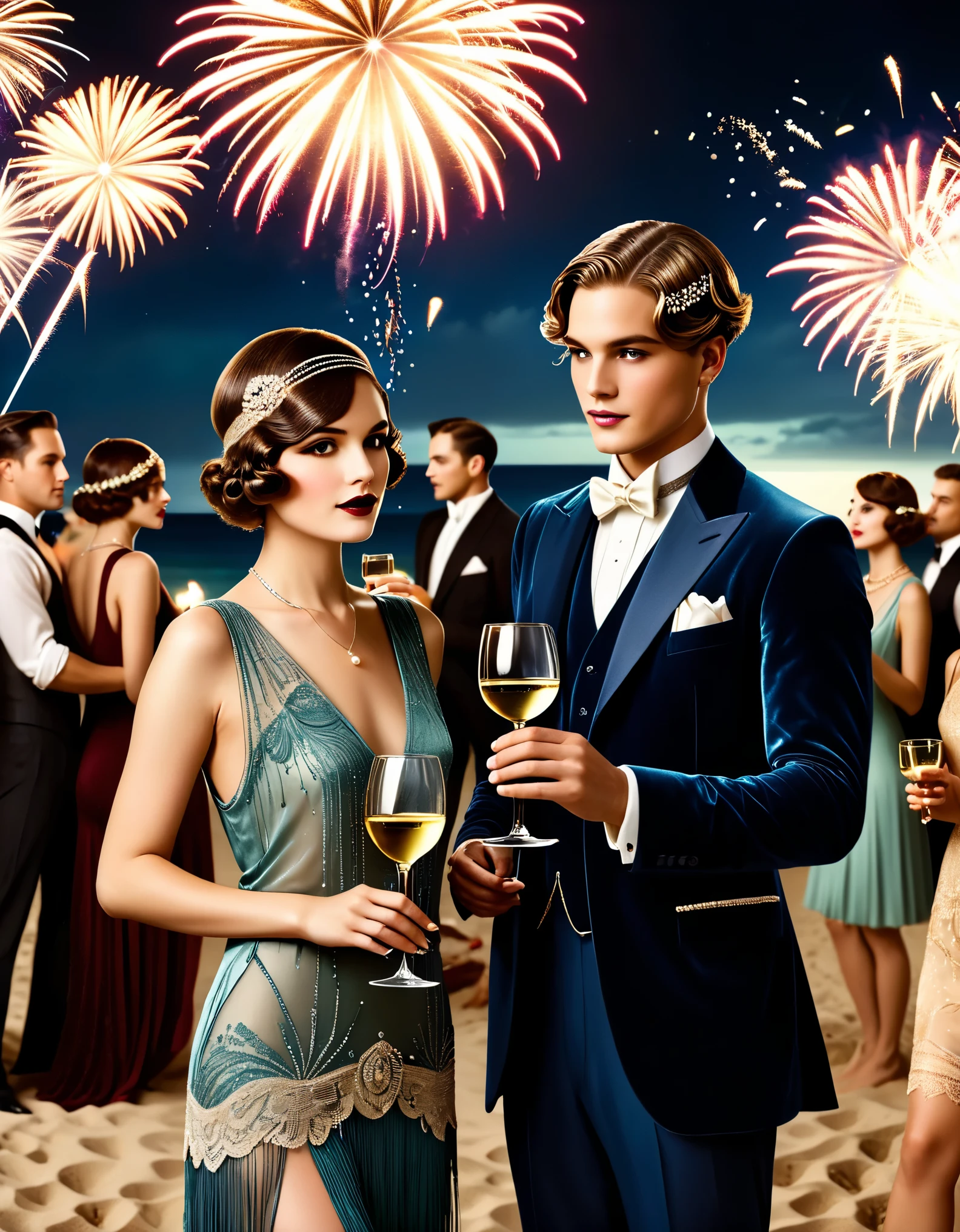 Vintage photography style, art deco style,best quality,8k,high resolution,super detailed,super clear,creative style artwork,classical,, ( Many fashionable boys and girls partying on the beach),(Warm and lively atmosphere),wine glass,High-end wineware,crazy playing,many musical instruments,Bunting,fireworks,Inspired by《the great Gatsby》,The atmosphere of the 1920s, Delicate texture,smooth visible velvet,Wear pearl jewelry,Advanced custom lace clothing,(Stacking accessories),(Dressed in 1920s fashion, 1920s hairstyles, 1 9 2 0 s style, 1 9 2 0 clothes, 1 9 2 0 s fabric style,
Warming up
