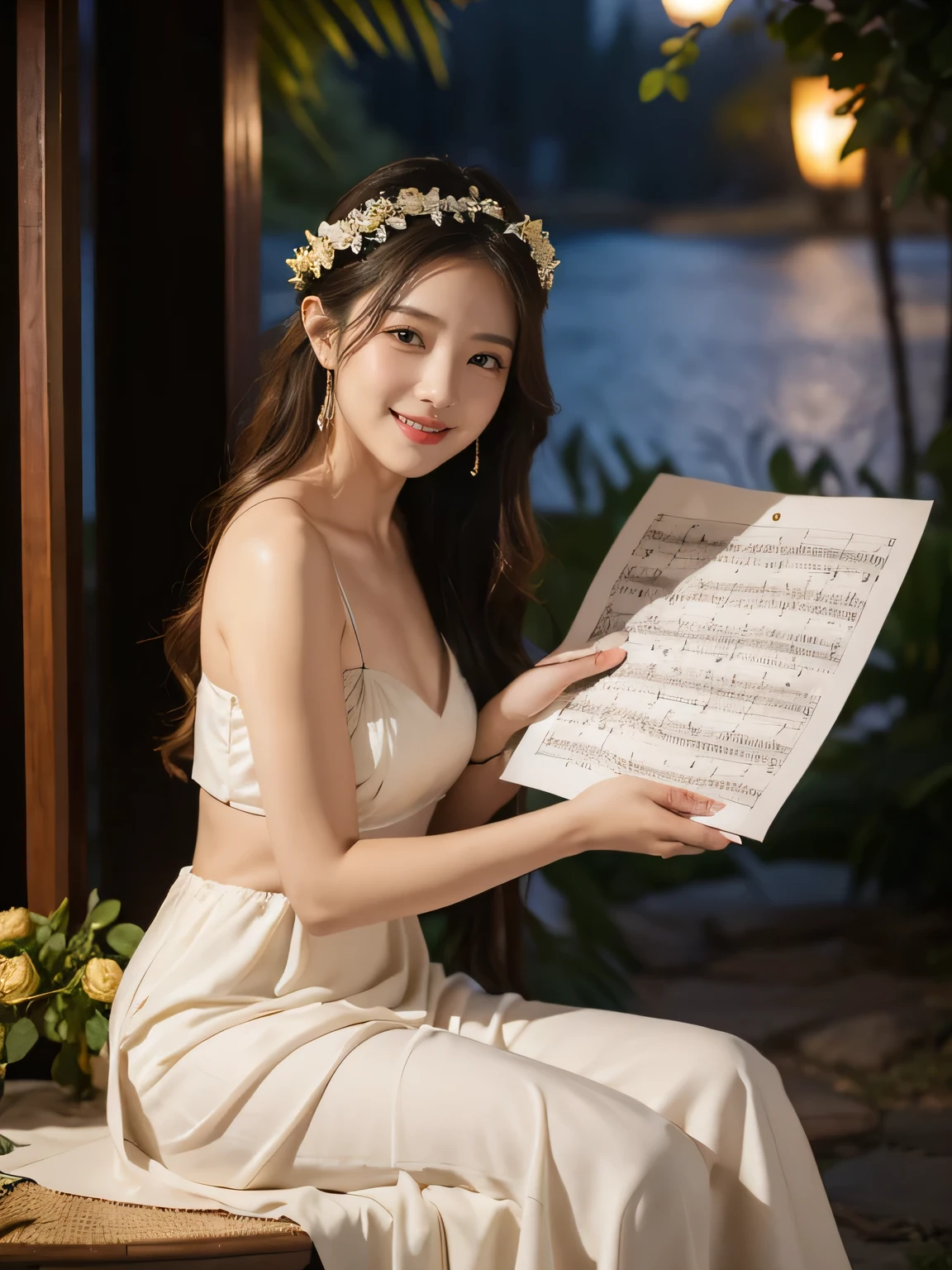 Female singer holding sheet music in both hands,Giorgione painting style,roses in vase、fruits、Cute trinkets、smile、ancient greek costume、Background is a forest lake at night 、Clothes that stretch your shoulders、A big smile、beautiful bare skin,