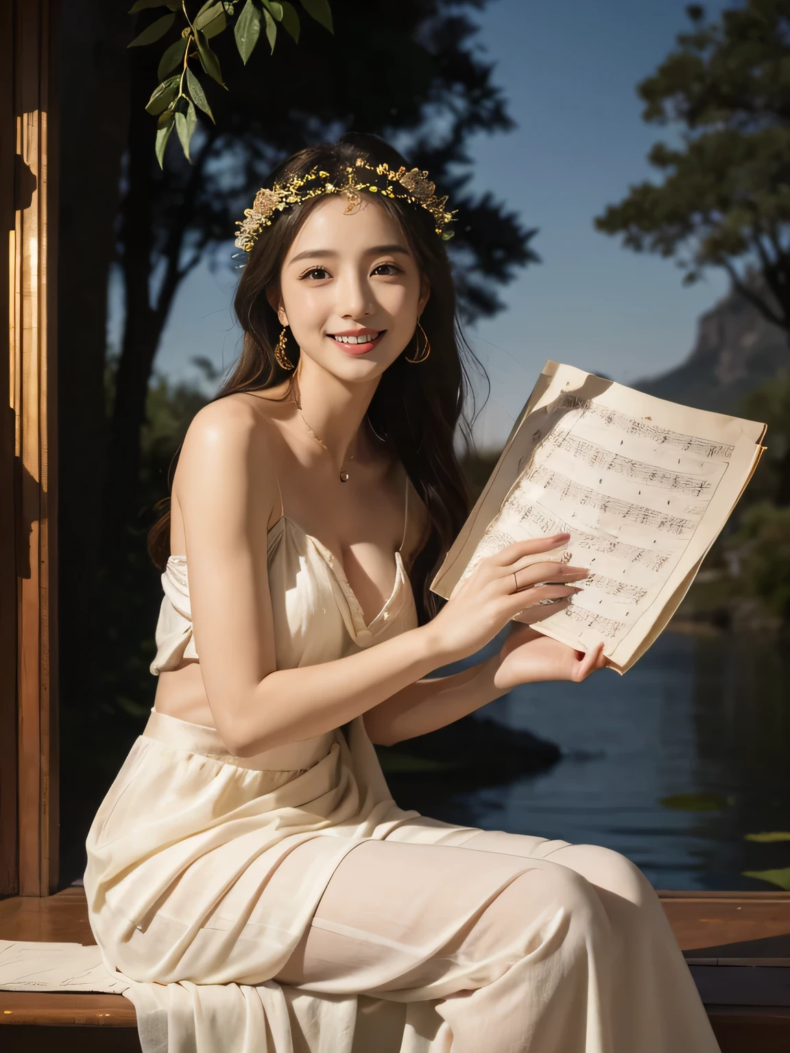 Female singer holding sheet music in both hands,Giorgione painting style,roses in vase、fruits、Cute trinkets、smile、ancient greek costume、Background is a forest lake at night 、Clothes that stretch your shoulders、A big smile、beautiful bare skin,