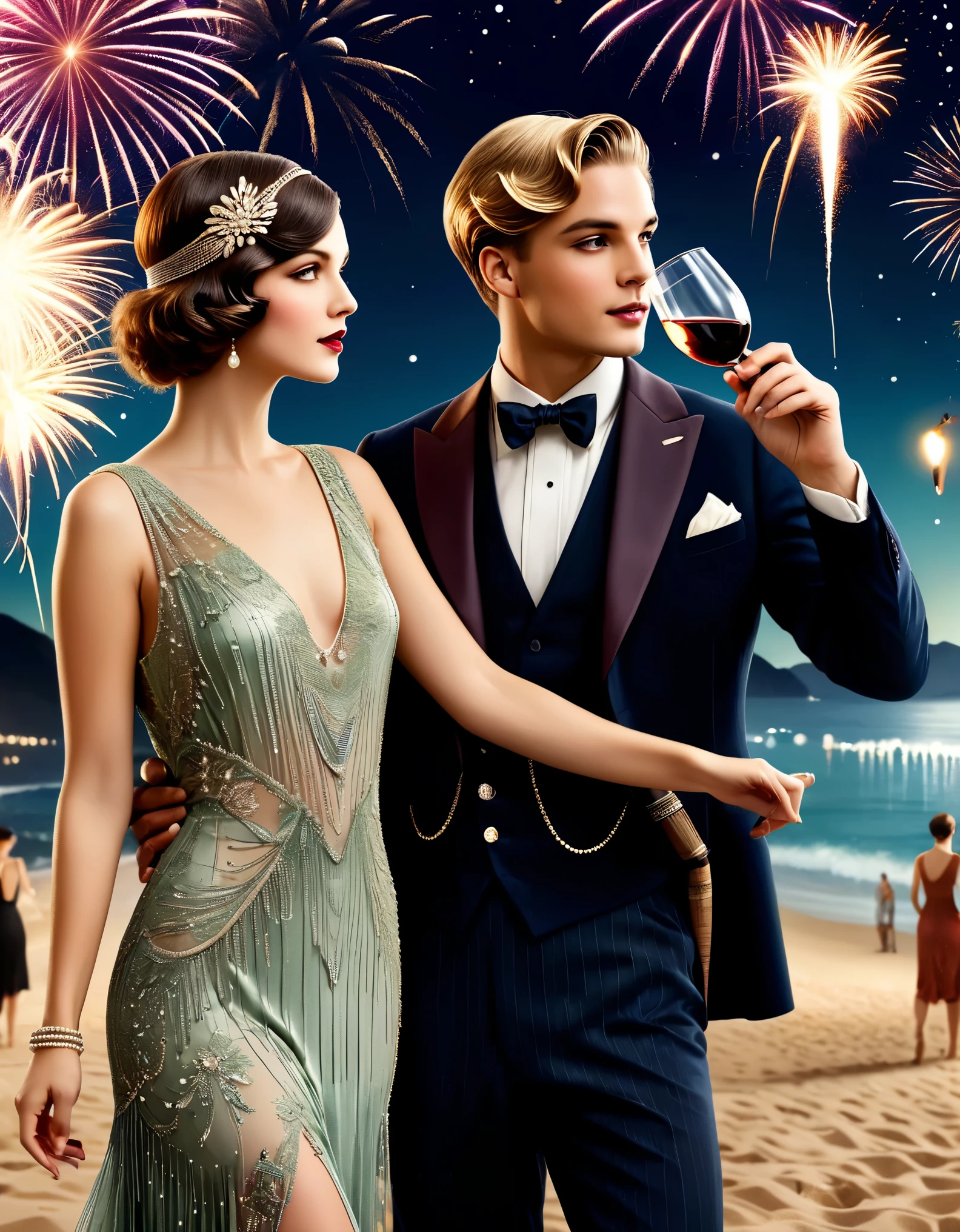 Vintage photography style, art deco style,best quality,8k,high resolution,super detailed,super clear,,creative style artwork,classical,(Many fashionable boys and girls partying on the beach),(Warm and lively atmosphere),wine glass,High-end wineware,crazy playing,many musical instruments,Bunting,fireworks,Inspired by《the great Gatsby》,The atmosphere of the 1920s, Delicate texture,smooth visible velvet,Wear pearl jewelry,Advanced custom lace clothing,(Stacking accessories),(Dressed in 1920s fashion, 1920s hairstyles, 1 9 2 0 s style, 1 9 2 0 clothes, 1 9 2 0 s fabric style,