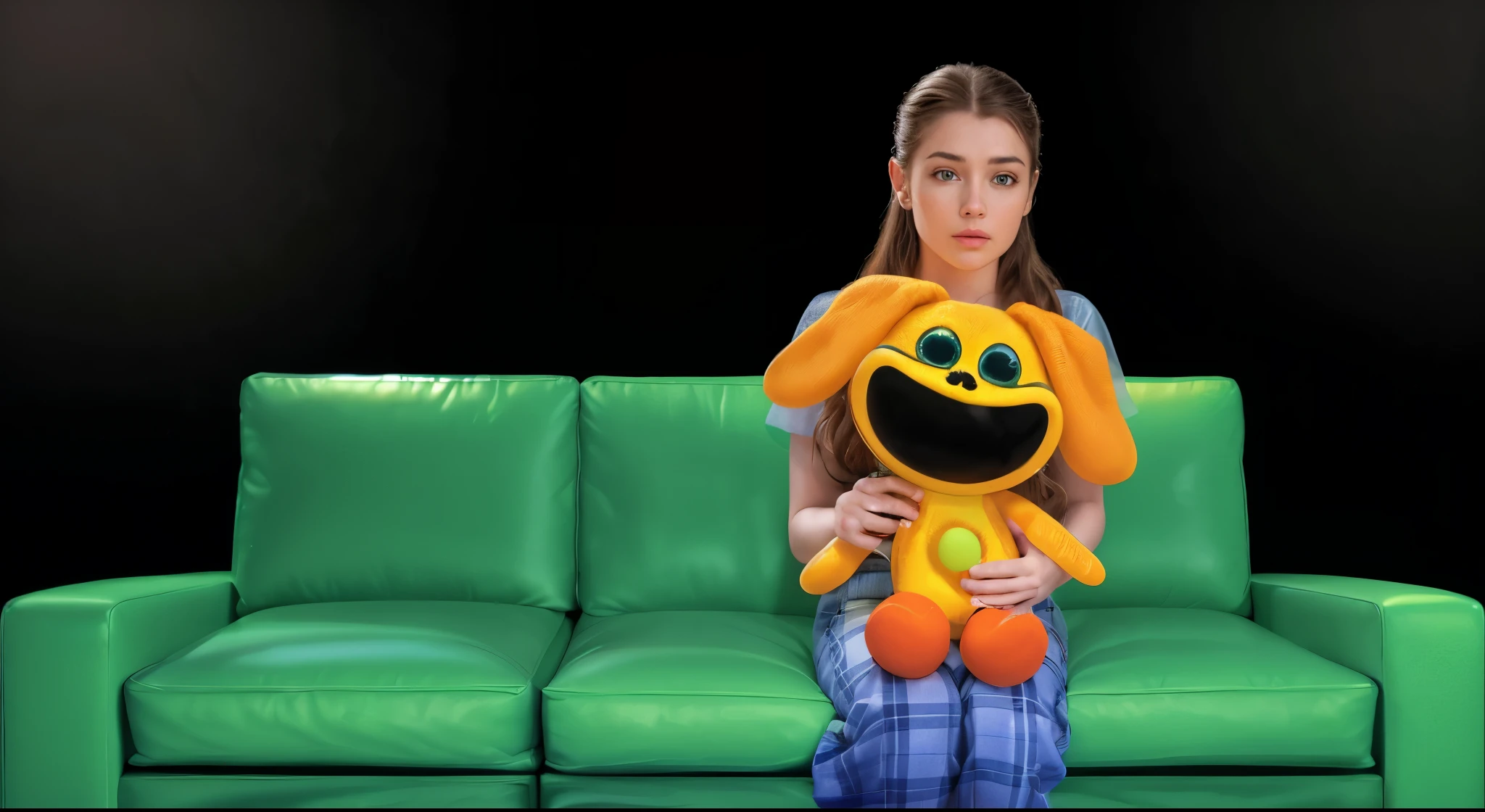 girl sitting on a green yellow couch holding a orange toy, commercial photo, girl holds toy, the girl is scared, , movie, madeline from celeste, smooth 3d model, multiple light sources, rim light, sharp post effects render, (glossy plastic texture with multiple big light probe refractions), perfect cgi, smooth silhouette, high intensity refraction, (super glossy plastic material), most beautiful vfx, , realistic, 4k, high resolution, rim light, smooth 3d model, multiple light sources, rim light, sharp post effects render,, realistic, 4k, high resolution, rim light detailed digital art, reflective, best quality, 4k, masterpiece:1.2, ultra-detailed, realistic, vivid colors, The image of the highest quality, ensuring every detail showcased perfectly. It in 4k resolution, allowing viewers to immerse themselves in the richness of the colors and intricate details. The realistic rendering. under the spotlight, reflecting, high-resolution image, realistic rendering