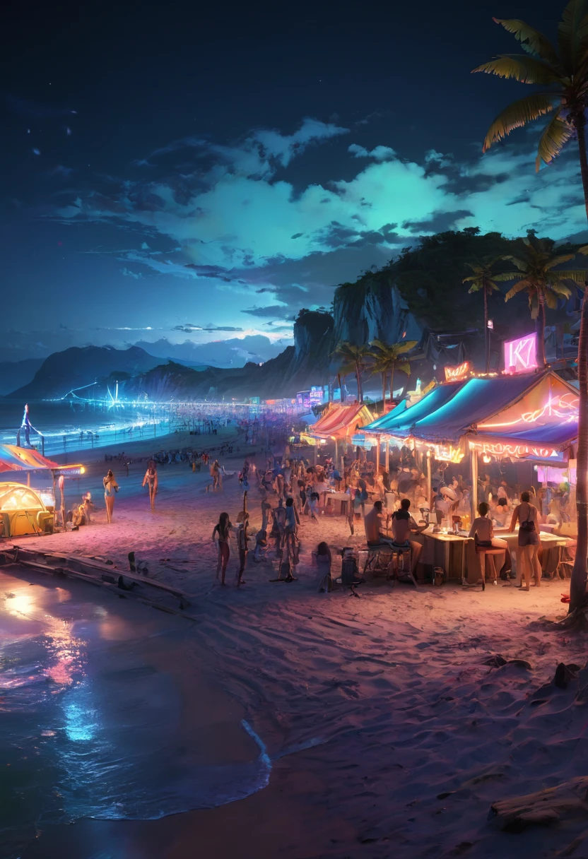 beach, camp, music festival, revel, onlookers, neon lights, landscape, scenery, anime realism, aesthetic, (best quality, masterpiece, Representative work, official art, Professional, 8k, Ultra intricate detailed:1.3)