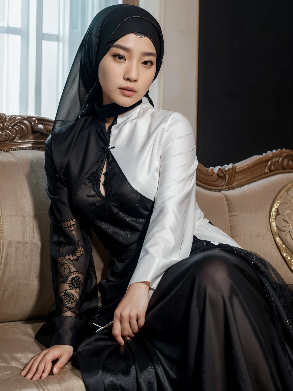 a Korean man sitting on a sofa posing next to a beautiful young woman, Hijab, formal black long dress. best quality, realistic, photorealistic, (intricate detail: 1.2), (fine detail), clear lines, sharp focus, realistic face, detailed face, 8k white wallpaper, very high resolution, (photorealistic: 1.4), He is looking towards viewer