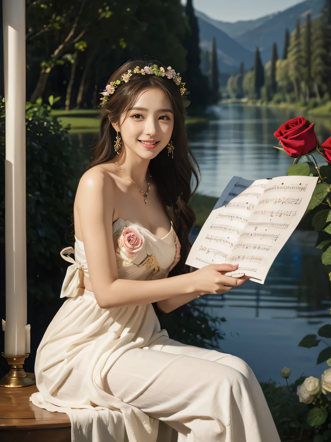 Female singer holding sheet music in both hands,Giorgione painting style,roses in vase、fruits、Cute trinkets、smile、ancient greek costume、Background is a forest lake at night 、Clothes that stretch your shoulders、A big smile、beautiful bare skin,