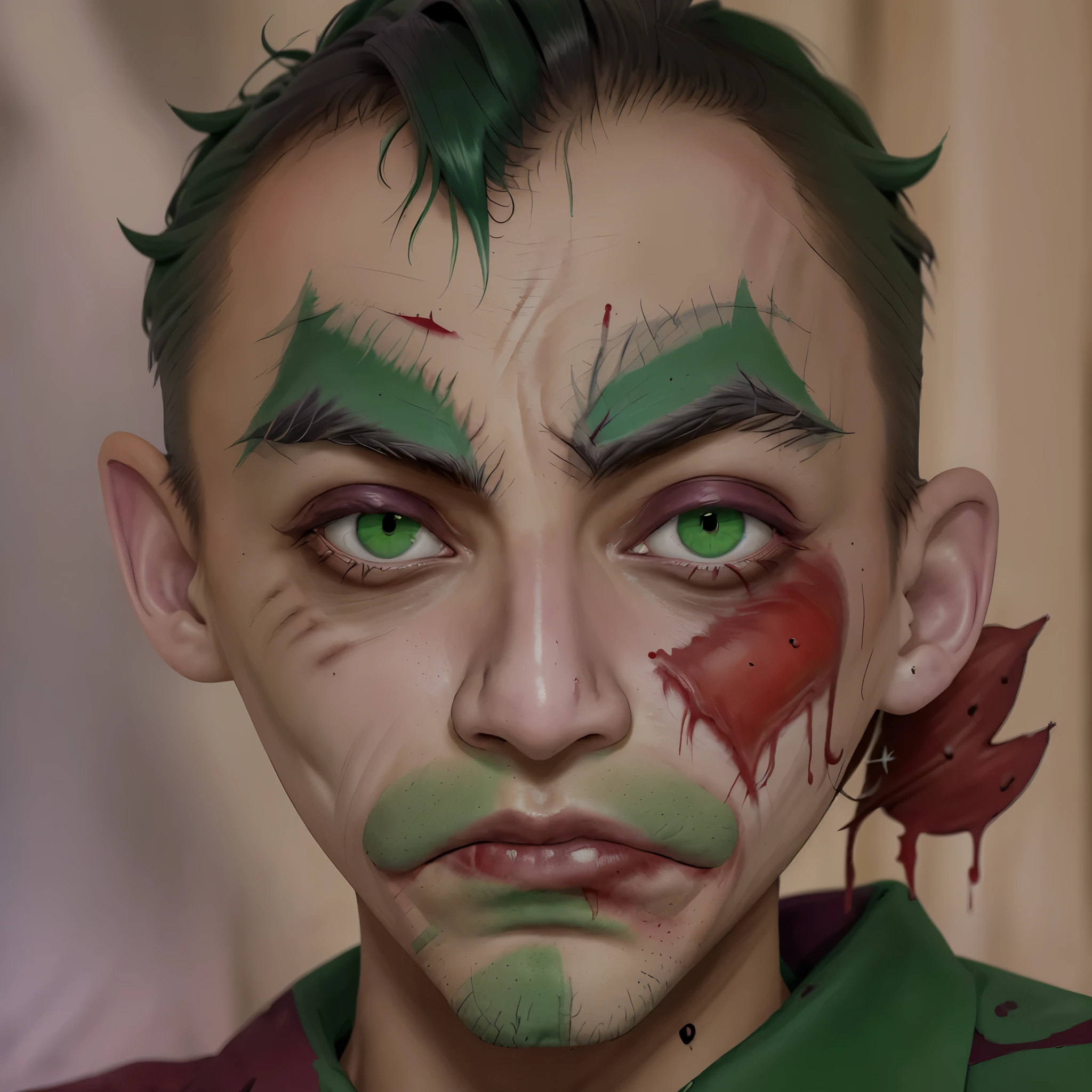 Zinuello as Joker man, portrait, mad, blood, beauty, make up, red nose, scar, detailed, green eyes