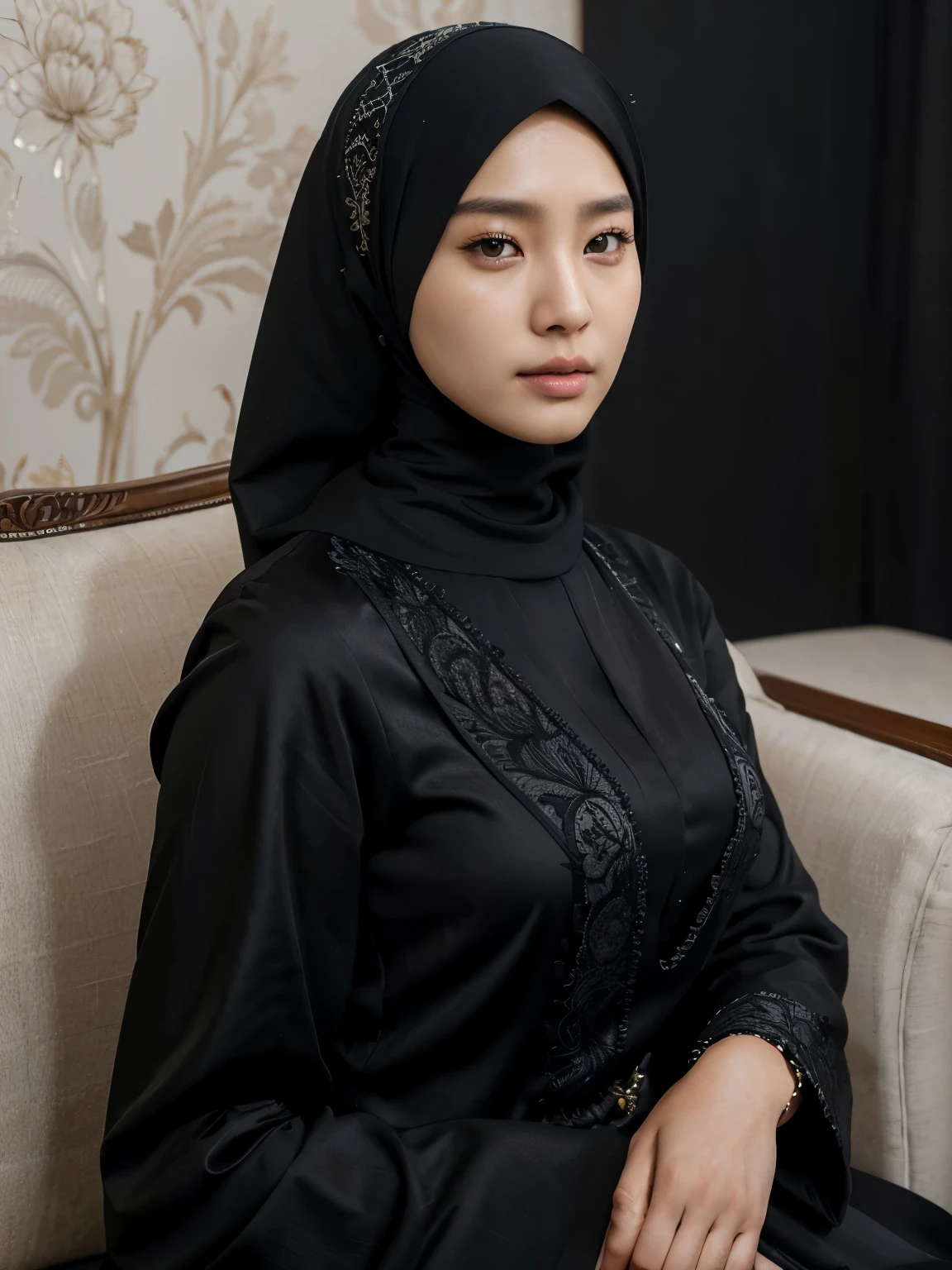 a Korean man sitting on a sofa posing next to a beautiful young woman, Hijab, formal black long dress. best quality, realistic, photorealistic, (intricate detail: 1.2), (fine detail), clear lines, sharp focus, realistic face, detailed face, 8k white wallpaper, very high resolution, (photorealistic: 1.4), He is looking towards viewer