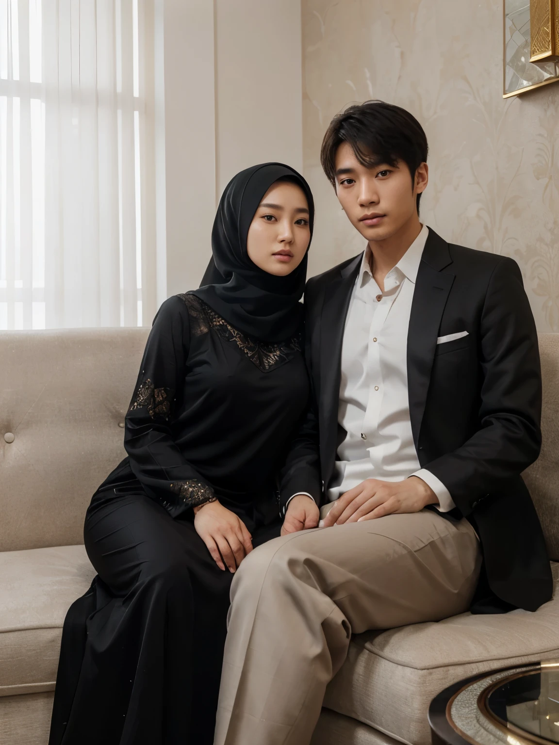 a Korean man sitting on a sofa posing next to a beautiful young woman, Hijab, formal black long dress. best quality, realistic, photorealistic, (intricate detail: 1.2), (fine detail), clear lines, sharp focus, realistic face, detailed face, 8k white wallpaper, very high resolution, (photorealistic: 1.4), He is looking towards viewer