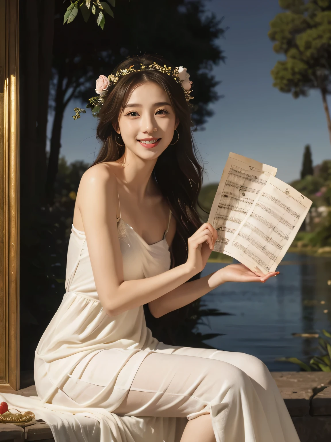 Female singer holding sheet music in both hands,Giorgione painting style,roses in vase、fruits、Cute trinkets、smile、ancient greek costume、Background is a forest lake at night 、Clothes that stretch your shoulders、A big smile、beautiful bare skin,