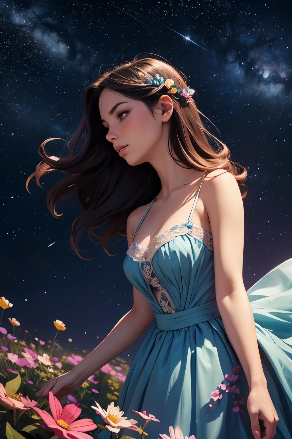 sketch art, a night, with a starry sky, in 1850, close-up on a sexy woman, 35 years old, dreaming while walking in a multicolored flowers, auroracore