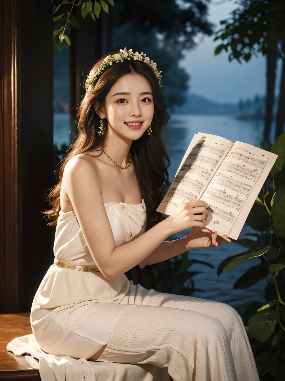 Female singer holding sheet music in both hands,Giorgione painting style,roses in vase、fruits、Cute trinkets、smile、ancient greek costume、Background is a forest lake at night 、Clothes that stretch your shoulders、A big smile、beautiful bare skin,