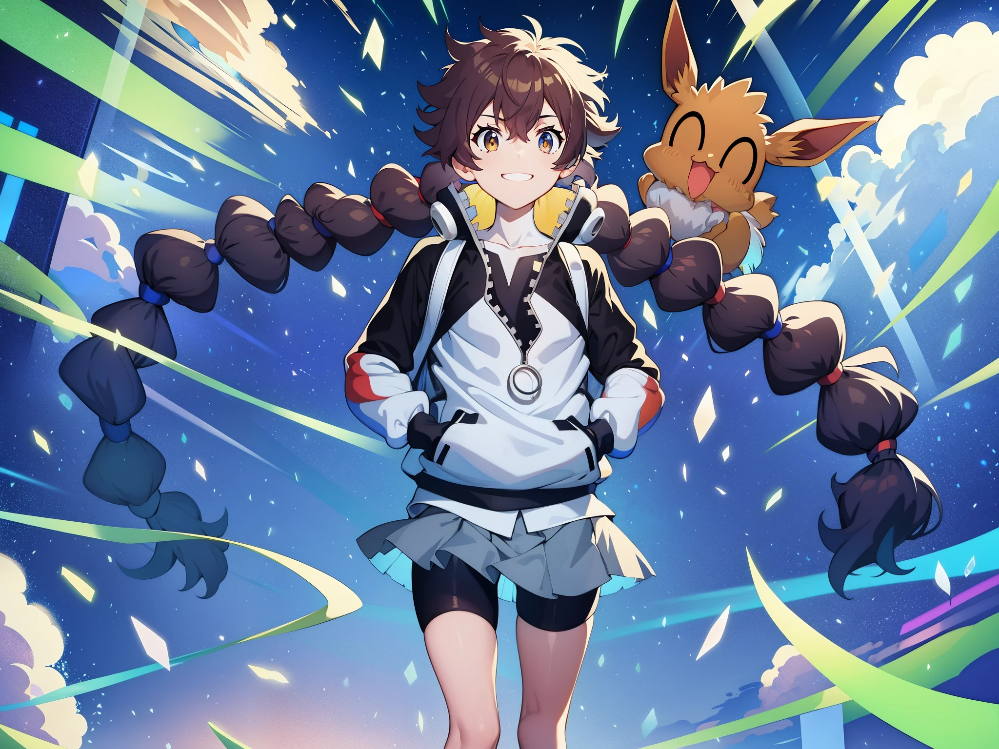 Pokémon、「GOCHA」、BUMP OF CHICKEN、『acacia』、1girl、solo、woman、smile、Jacket、zipper、long sleeve、グレーのskirt、skirt、プリーツskirt、zipperプルタブ、bike shorts、shoes、Backpack、socks、hair tie、garden、flowers、standing、v、peace sign、cowboy shot、Eevee、Pokémon \(living things\)、^^、Water → Electricity → Jimen → Koori → Fire → Rock → Grass → Poison → Psychic → Ghost → Dark(outside the frame)→むし→fairy→dragon→steel→nomal→かくとう→ひこうとなっており、fairy、dragon、steel、nomal