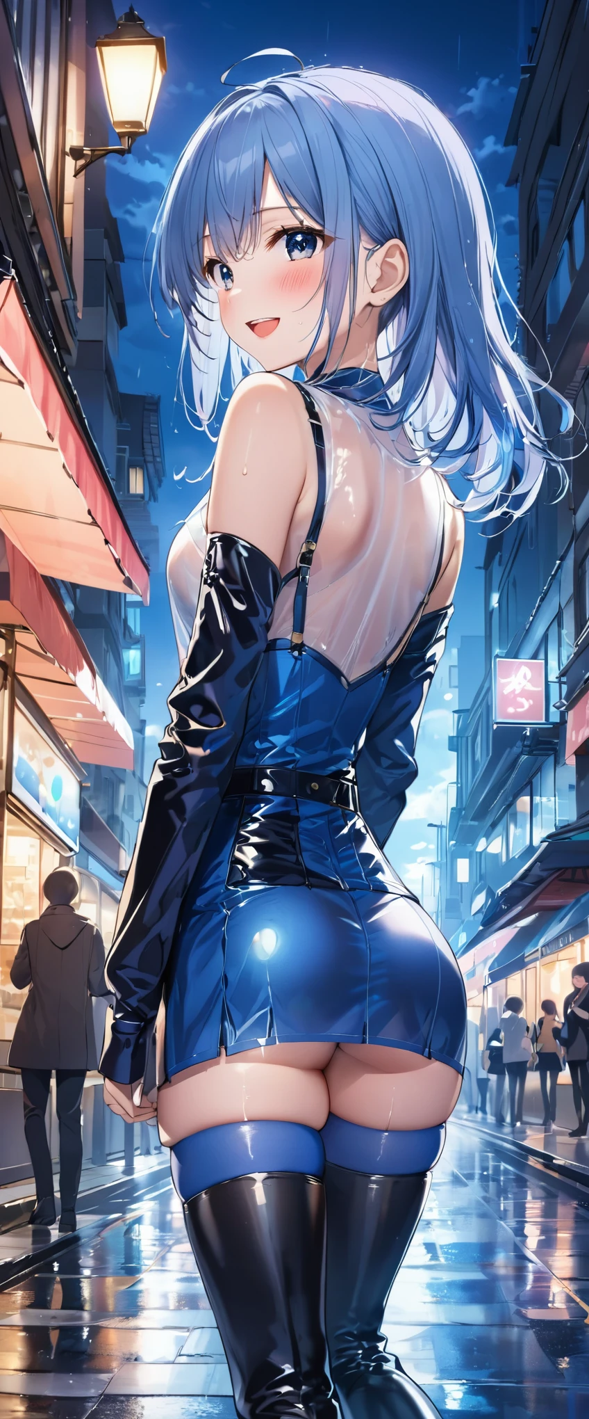 woman,14 years old,,city,night,(((white and blue tight miniskirt ????????))),,open mouth smile((leather thigh high boots))(See-through),(()),((Saten Ruiko)),blush、surprised face,((())),((turn around and look back))(wet with sweat)Reflecting the ????????