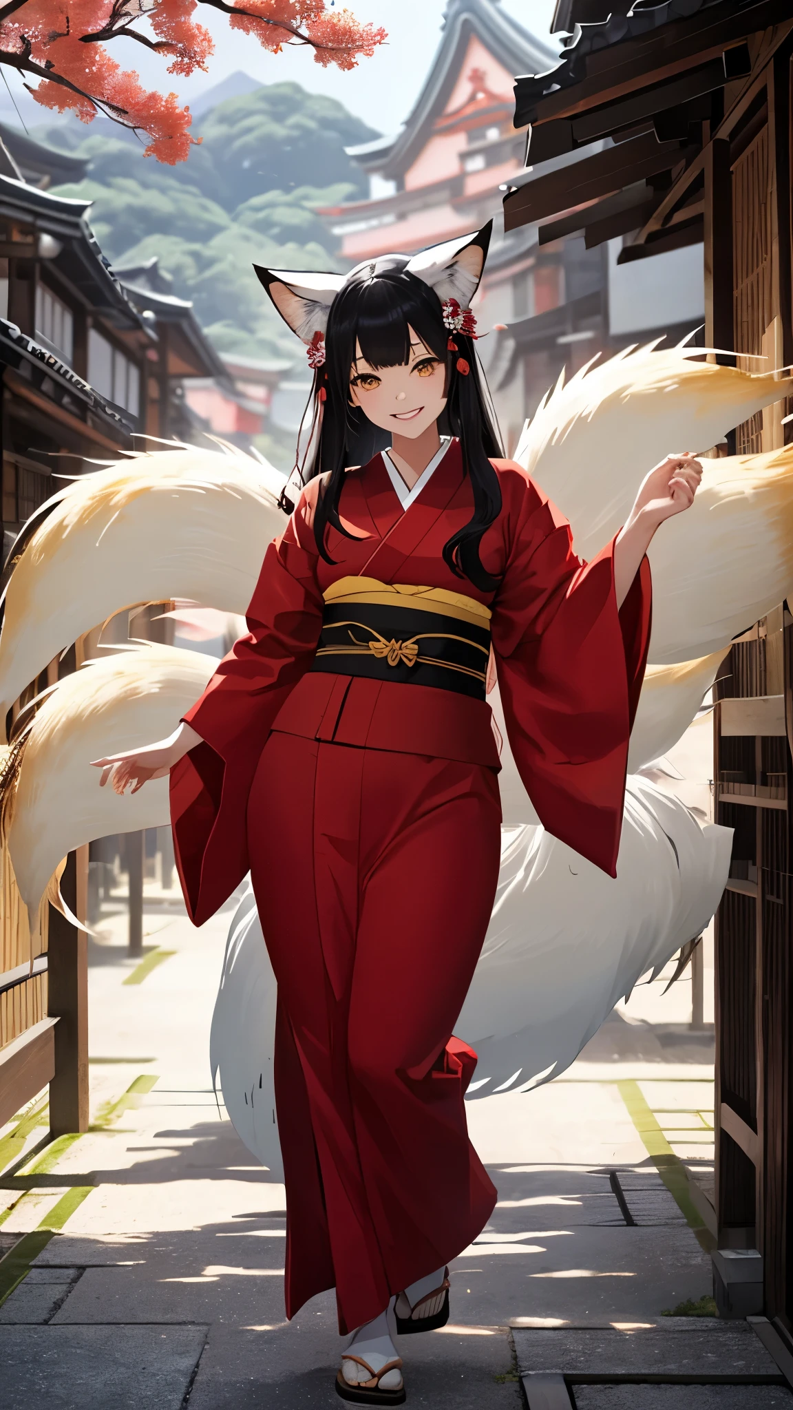 (masterpiece, best_quality, ultra-detailed, immaculate:1.3), portrait, upper body, detailed face, detailed hands, ((1girl:1.35)), epic, ((kitsune, (9 tailed fox:1.35), foxgirl, japanese spirit)), cute beautiful ideal japanese girl, ((beautiful red kimono)), priestess of love, priestess of passion, ((walking pose)), ((smiling face expression)), Curvy body, long straight black hair, yellow eyes, ((Japanese medieval village background))