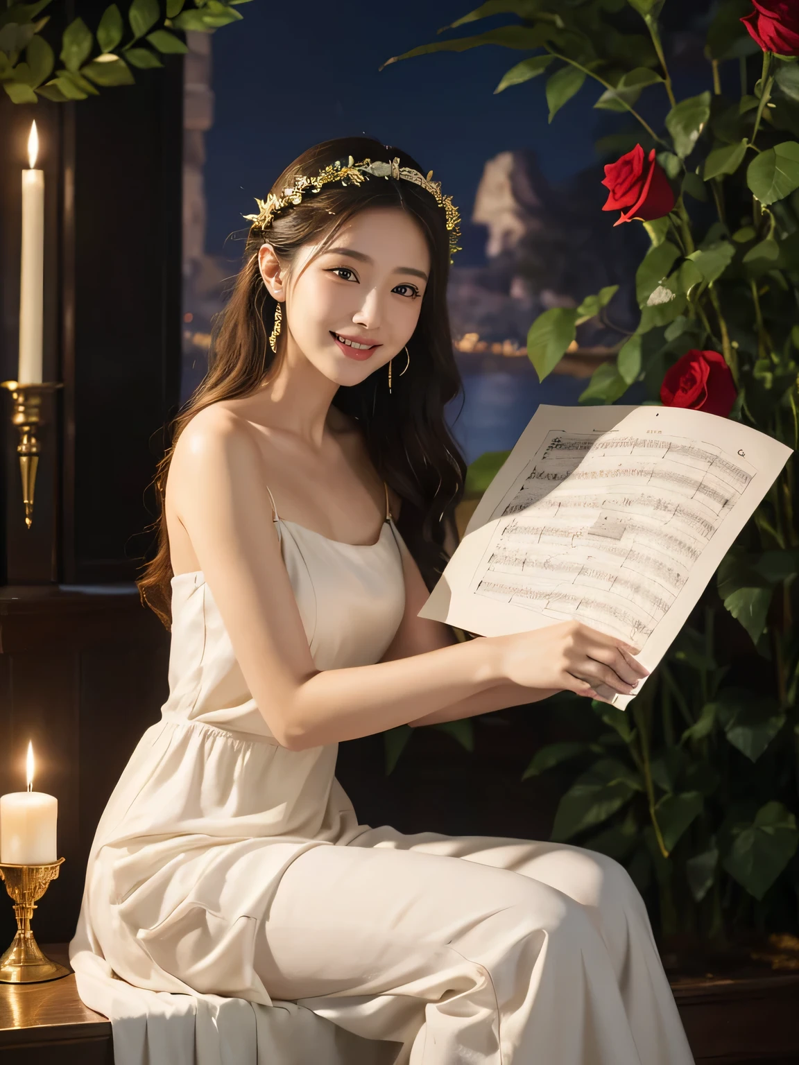 Female singer holding sheet music in both hands,Giorgione painting style,roses in vase、fruits、Cute trinkets、smile、ancient greek costume、Background is a forest lake at night 、Clothes that stretch your shoulders、A big smile、beautiful ,
