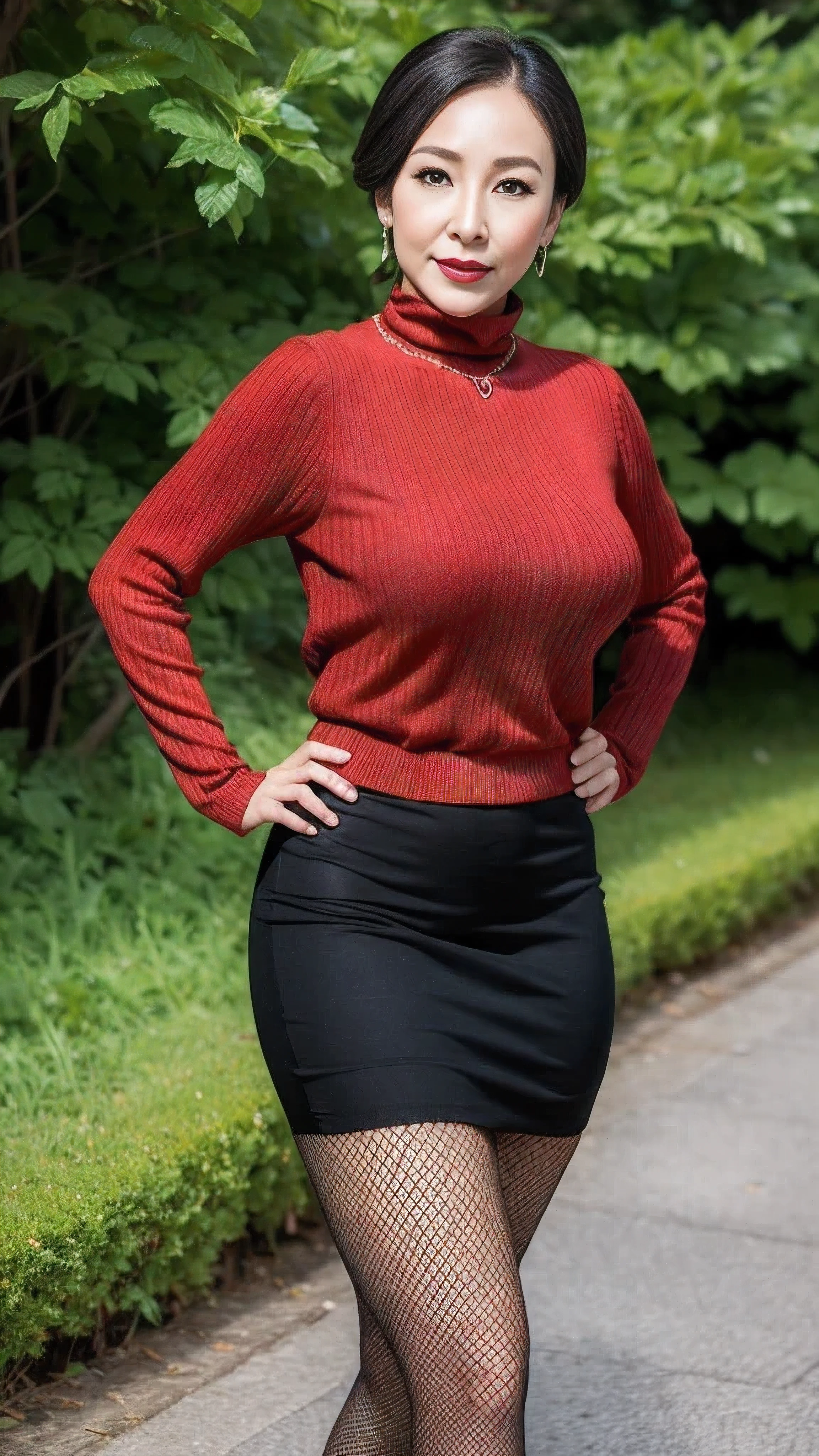 whole body照,whole body照,whole body照,whole body照,whole body照,(whole body:1.3), (ultimate beauty), (fat goddess), gravure printing, best quality, super detailed, lifelike, Skin is super delicate, perfect anatomy, 65 years old, big breasts, Mature housewife, attractive, a sexy, Fair complexion, (No cleavage),thigh, cosmetic, (lipstick: 1.1), (Eyeliner: 1.2), mascara, eye shadow,Outdoor sports, earrings, necklace, black pantyhose, Wrinkles at the corners of the eyes, oral wrinkles,turtleneck knitted bodycon skirt,whole body照,fishnet stockings